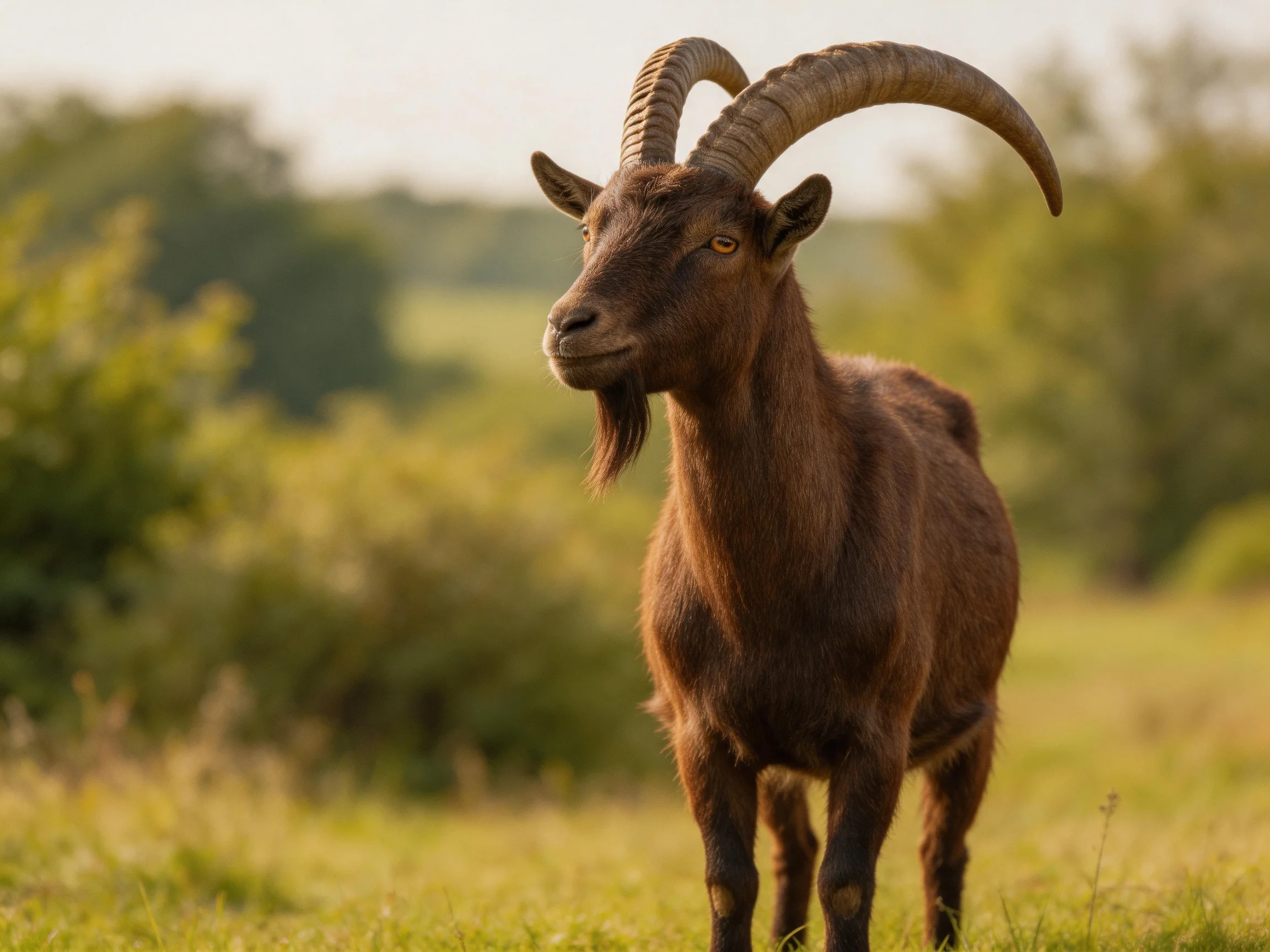 A brown goat with large curved horns stands in a sunlit meadow