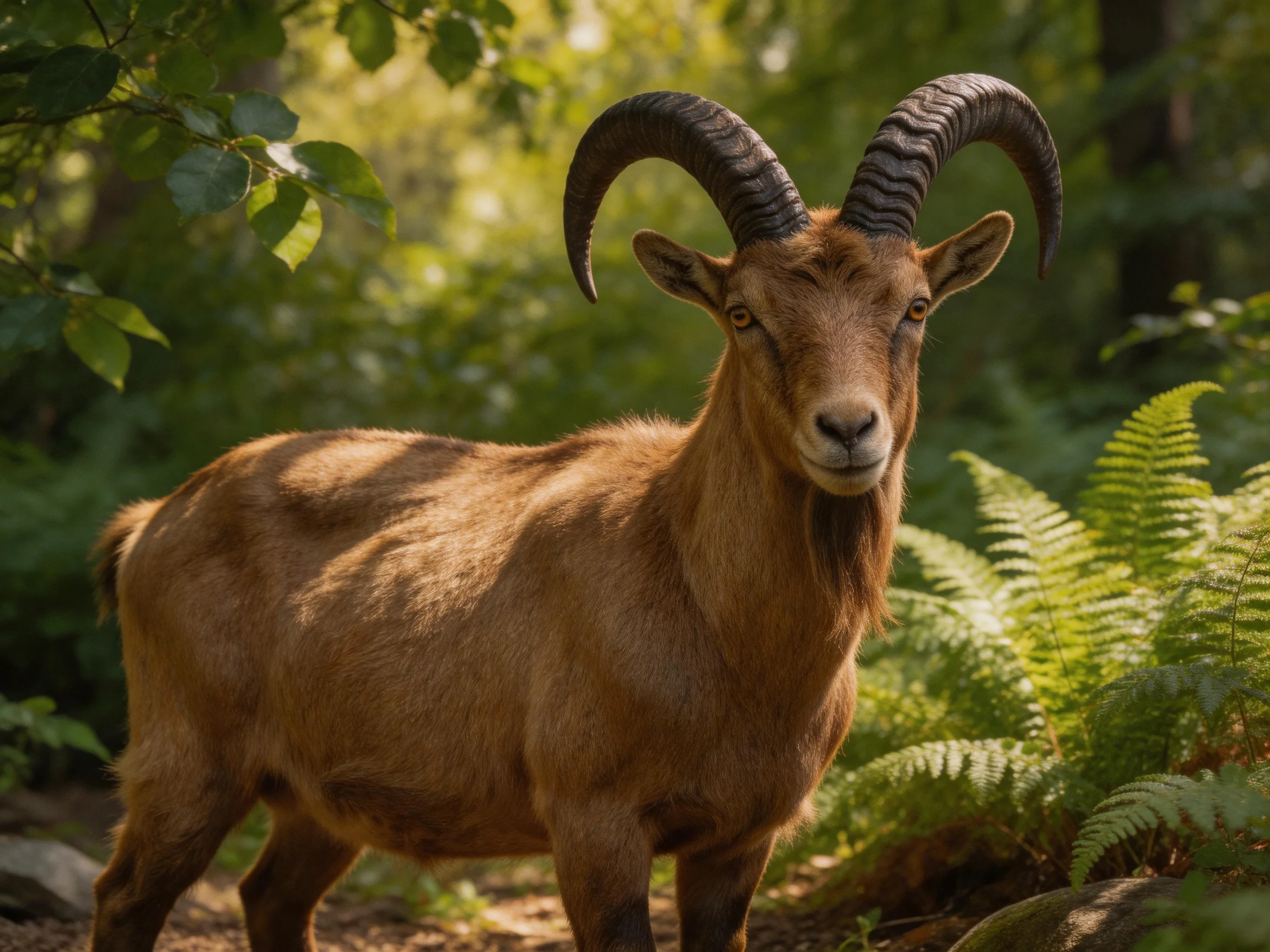 A brown goat with prominent curved horns stands among ferns and trees in a sunlit forest.