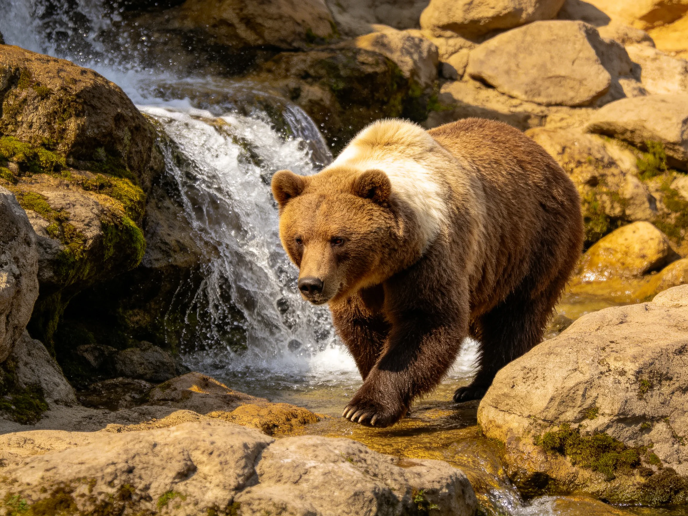 A brown grizzly bear navigates rocky terrain by a cascading waterfall