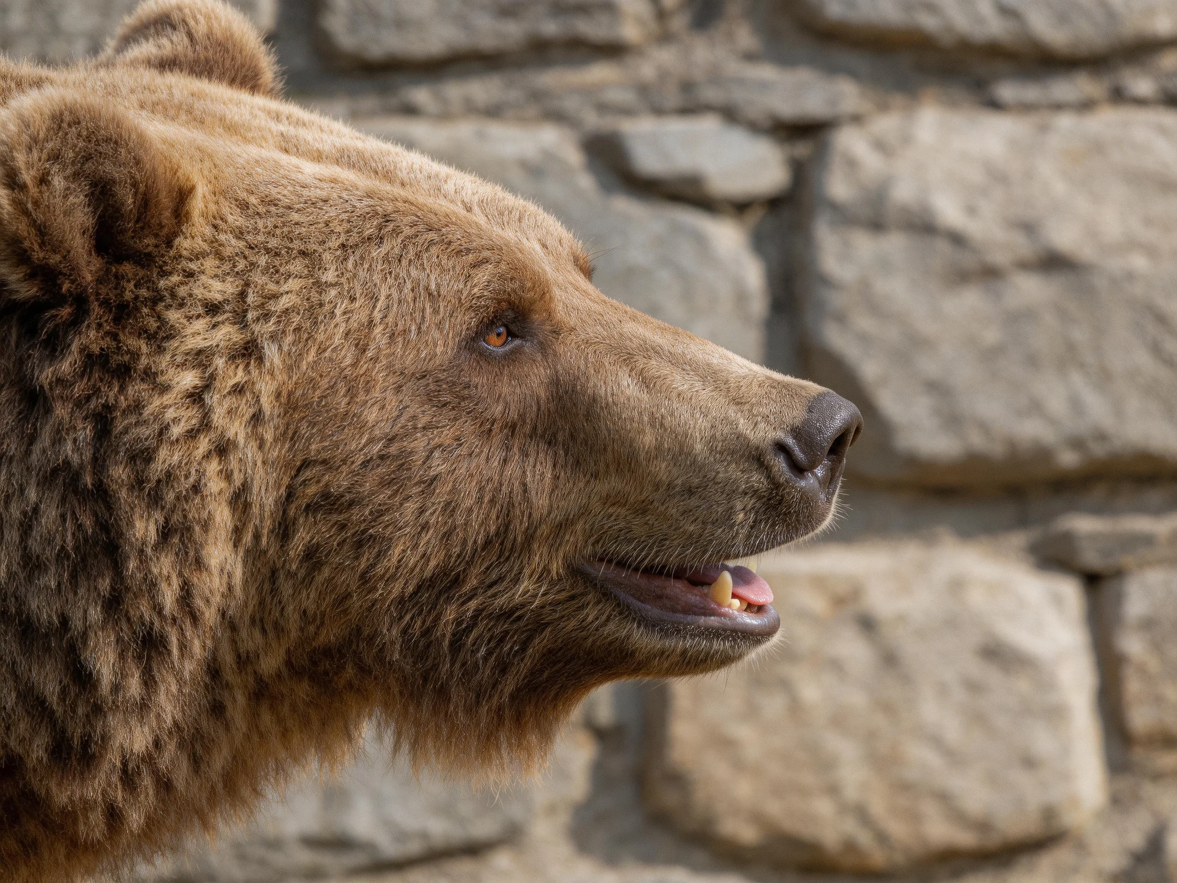 A brown grizzly bear near a weathered stone wall