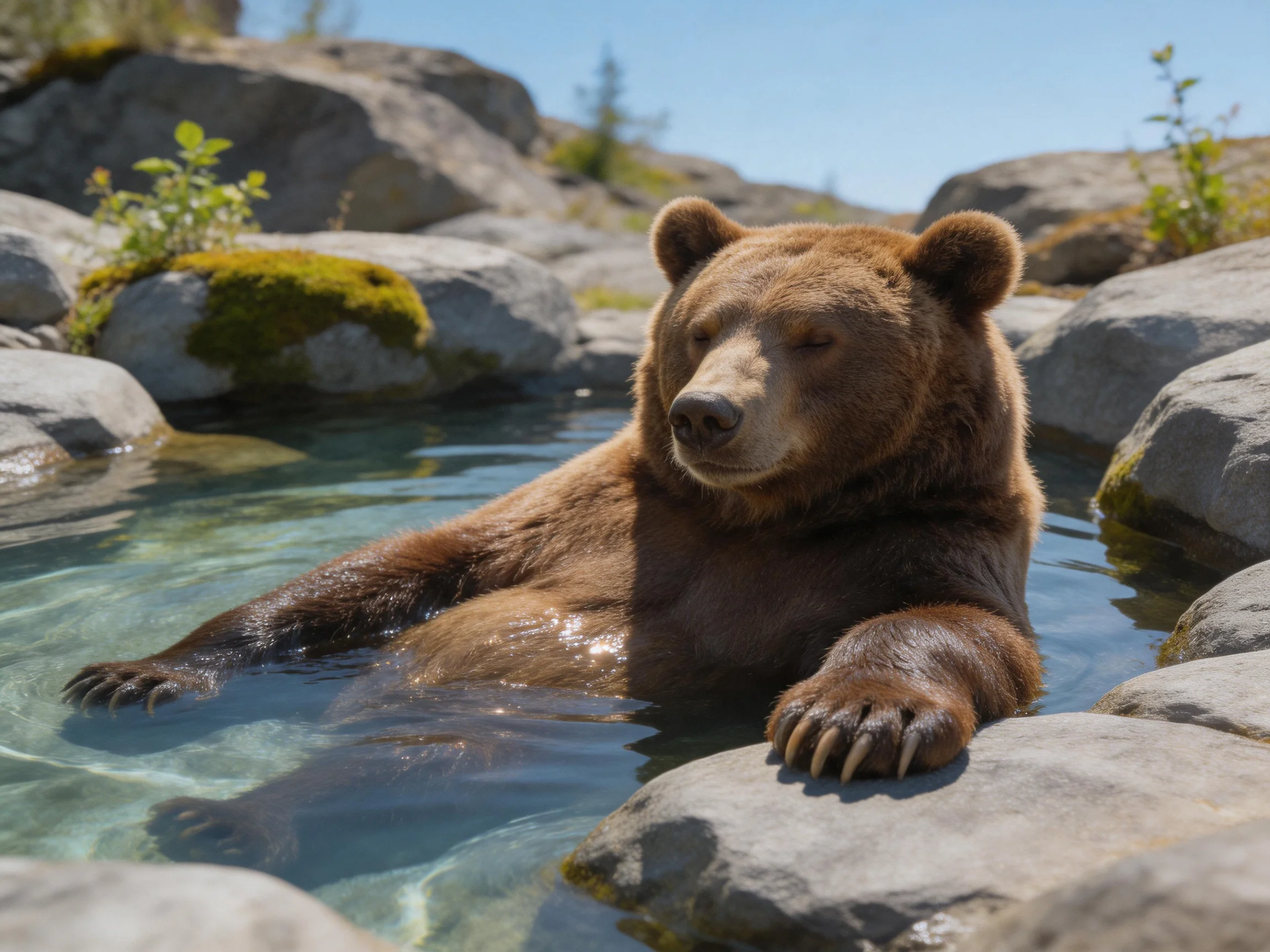 A brown grizzly bear relaxesin clear water among large gray rocks
