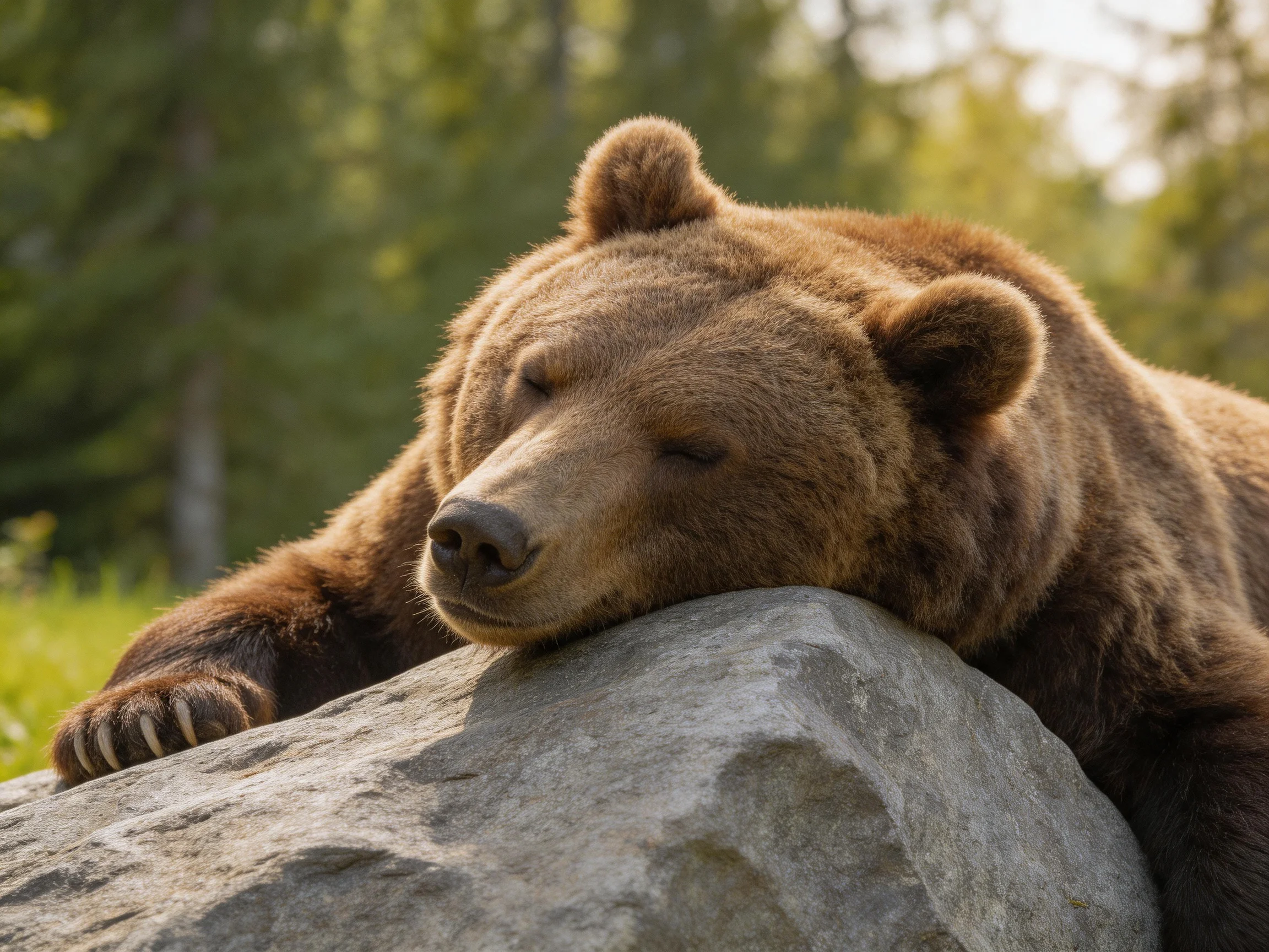 A brown grizzly bear rests on a large gray rock amid a sun-dappled forest