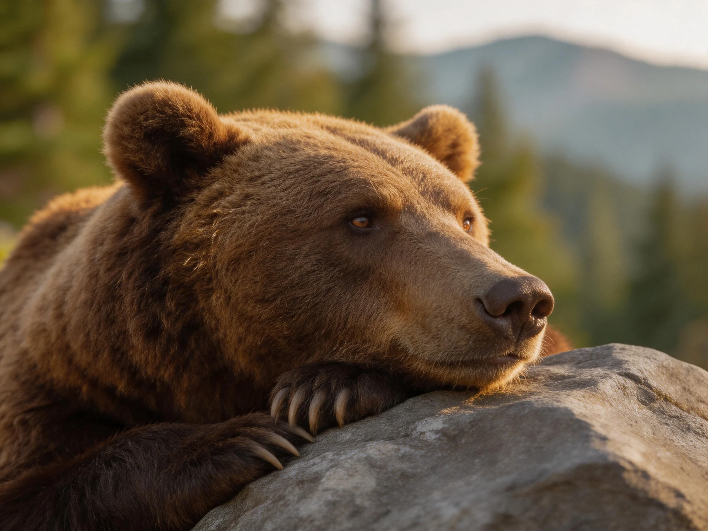 A brown grizzly bear rests on a large gray rock in a forested mountain setting