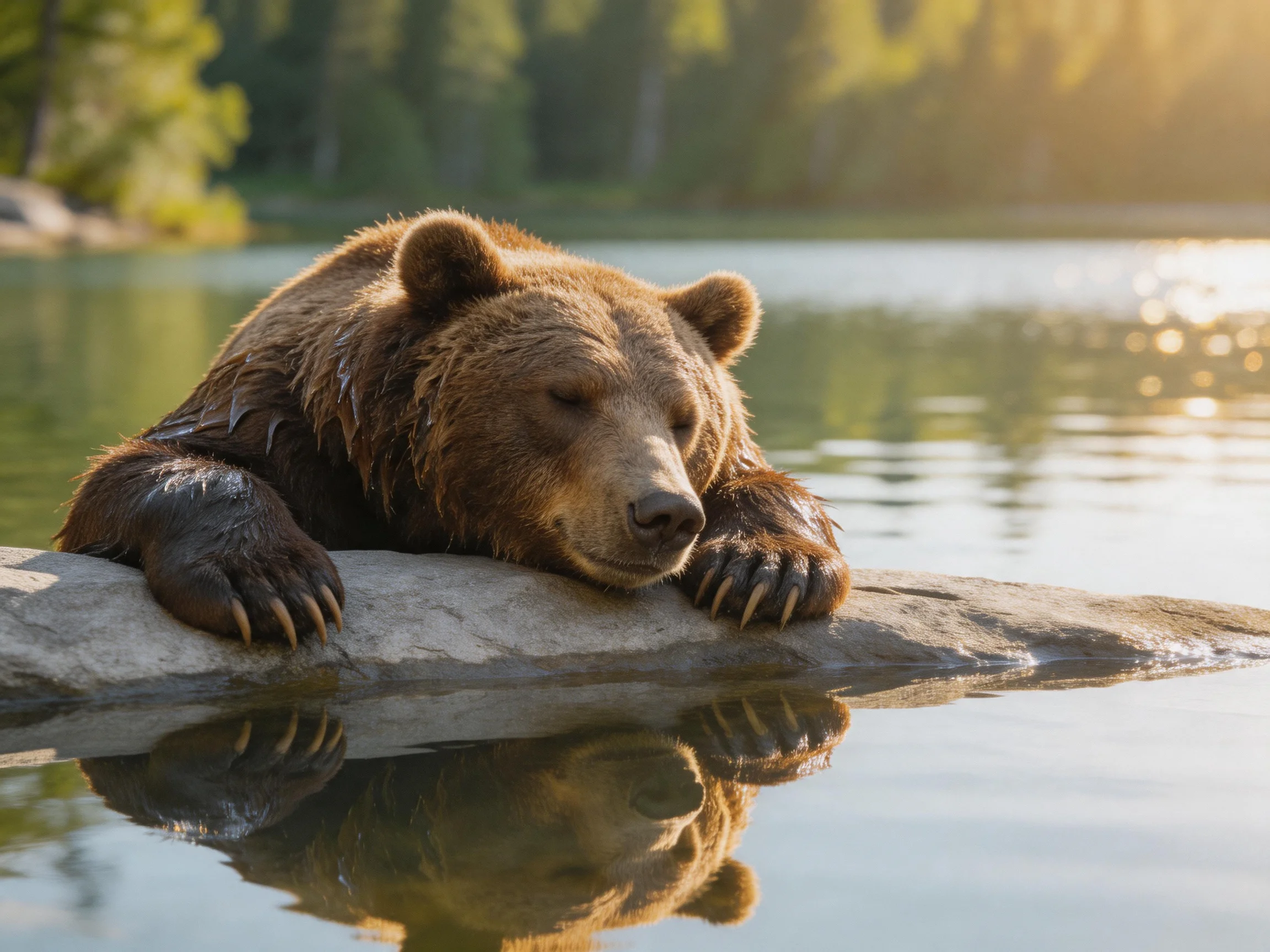 A brown grizzly bear rests on a rock by calm waters under golden sunlight