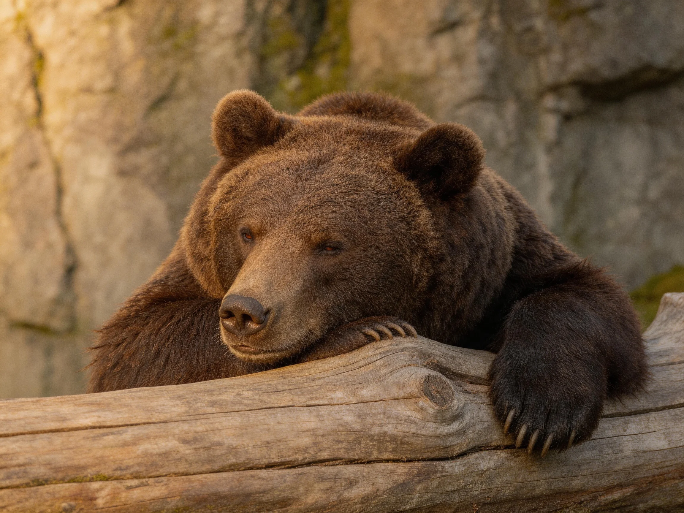 A brown grizzly bear rests on a weathered wooden log near rocky cliffs