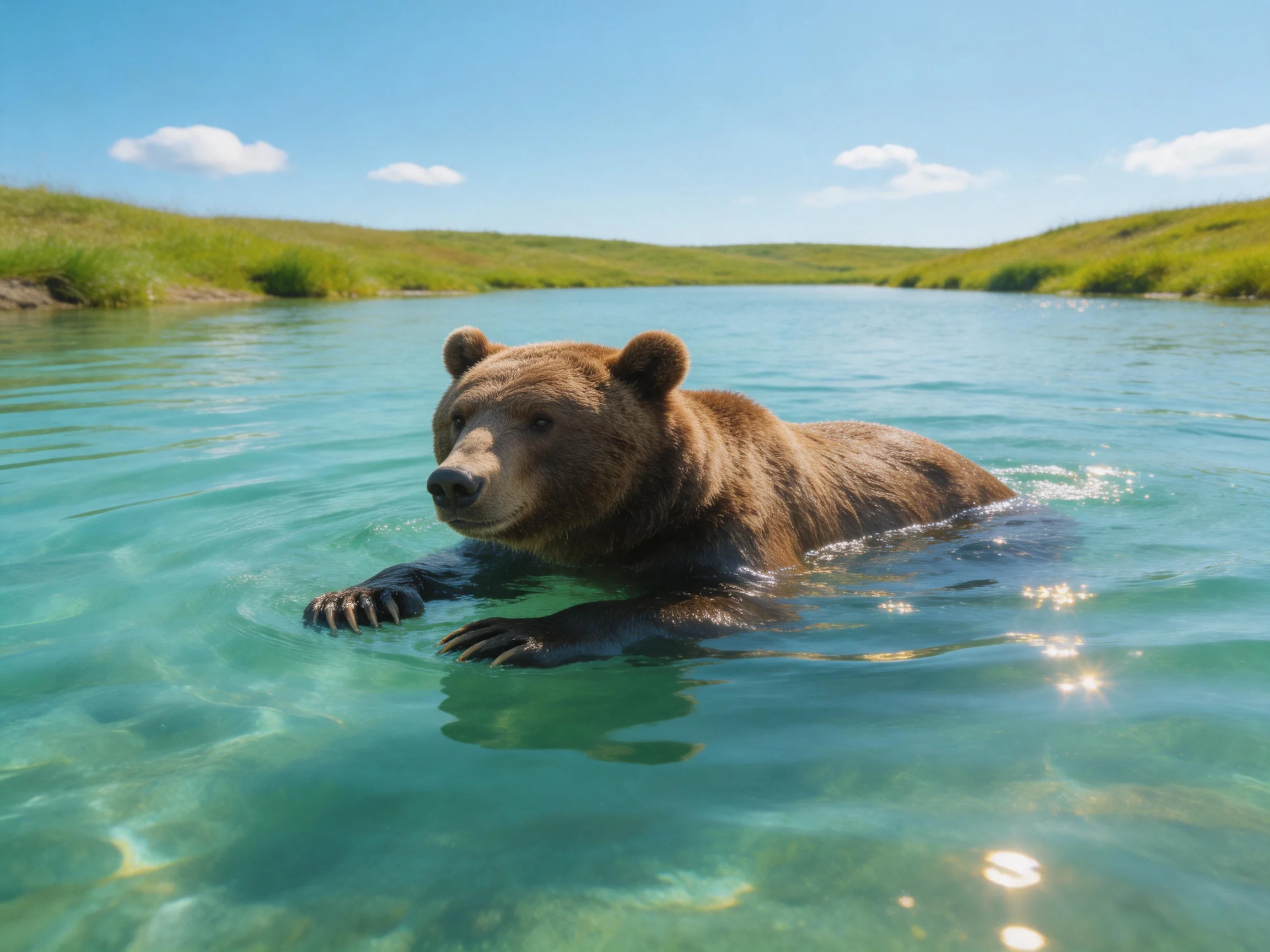 A brown grizzly bear swimming in clear turquoise river water