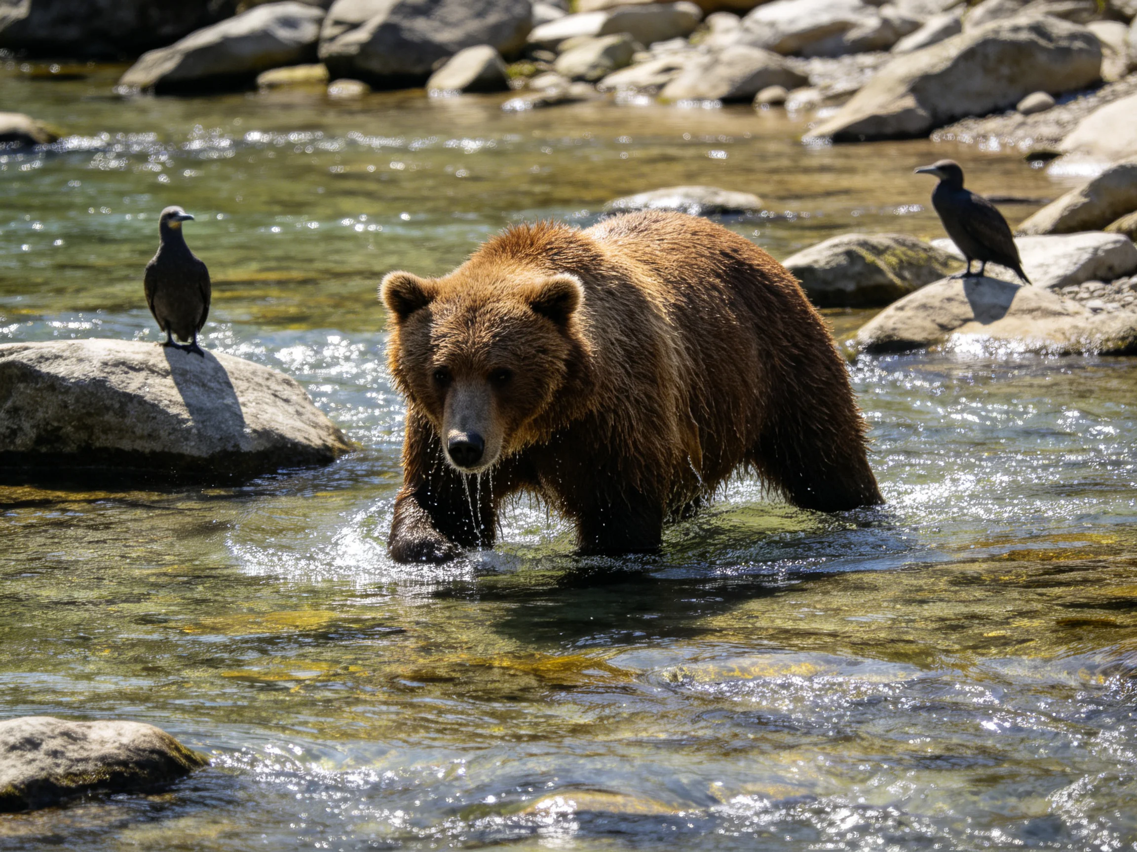 A brown grizzly bear wades through a rocky stream with two black birds