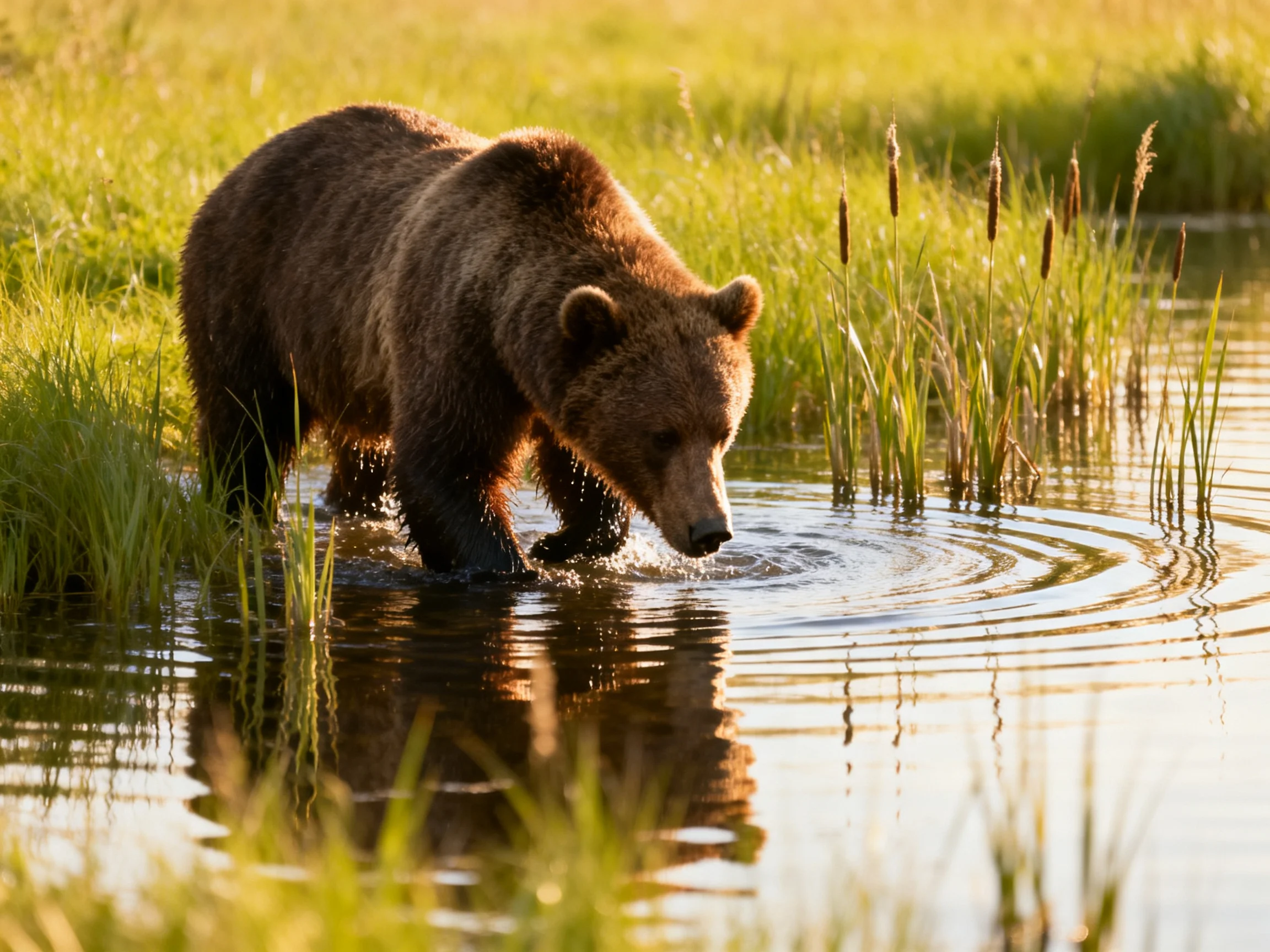 A brown grizzly bear wades through shallow water near tall green reeds