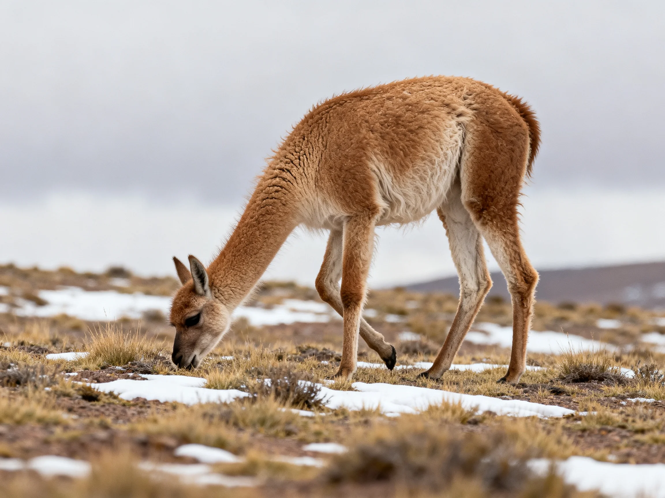A brown guanaco foragesamid patches of snow and dry grass in a mountainous landscape.