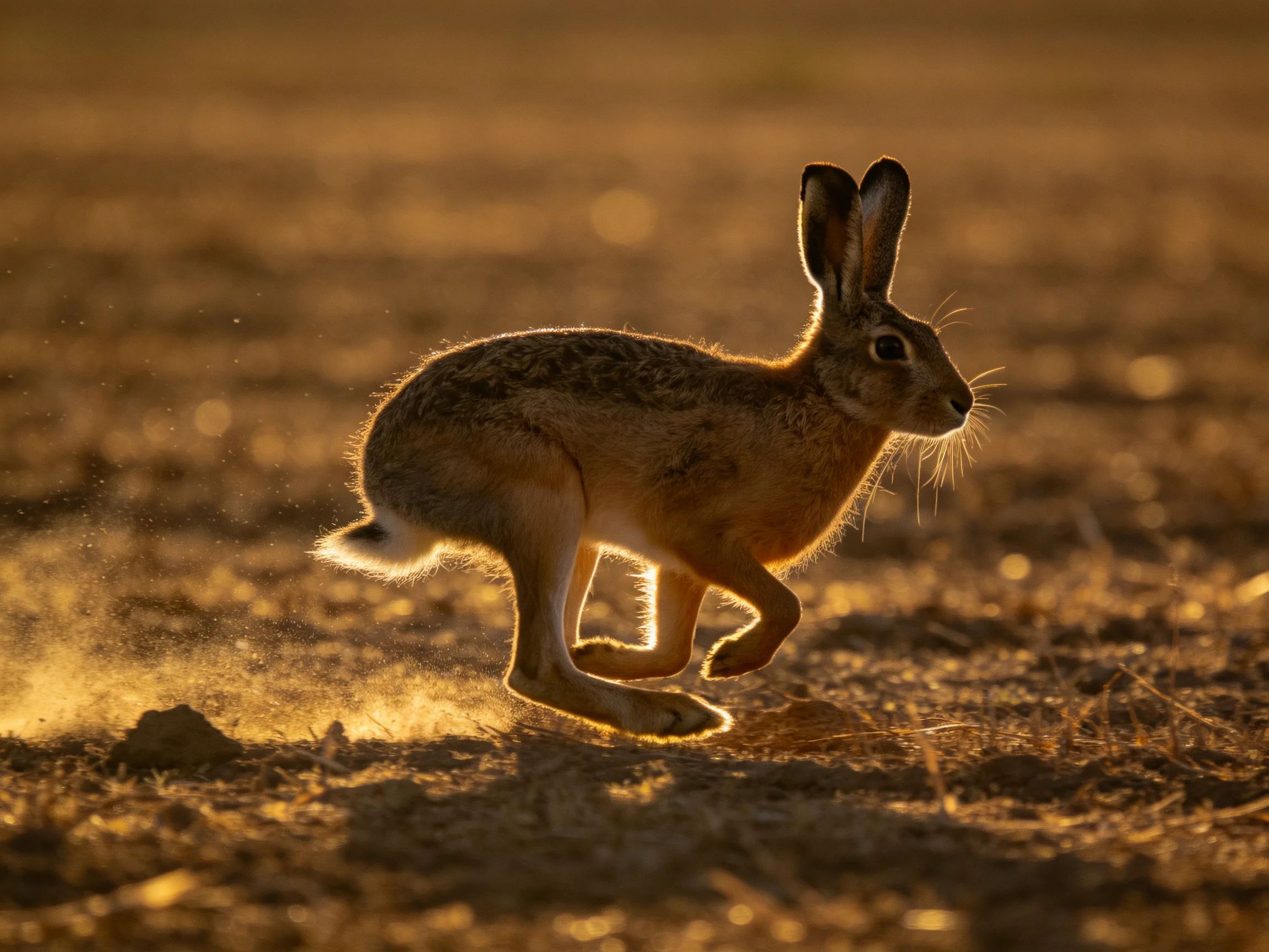 A brown hare bounds across a dusty field lit by golden sunlight