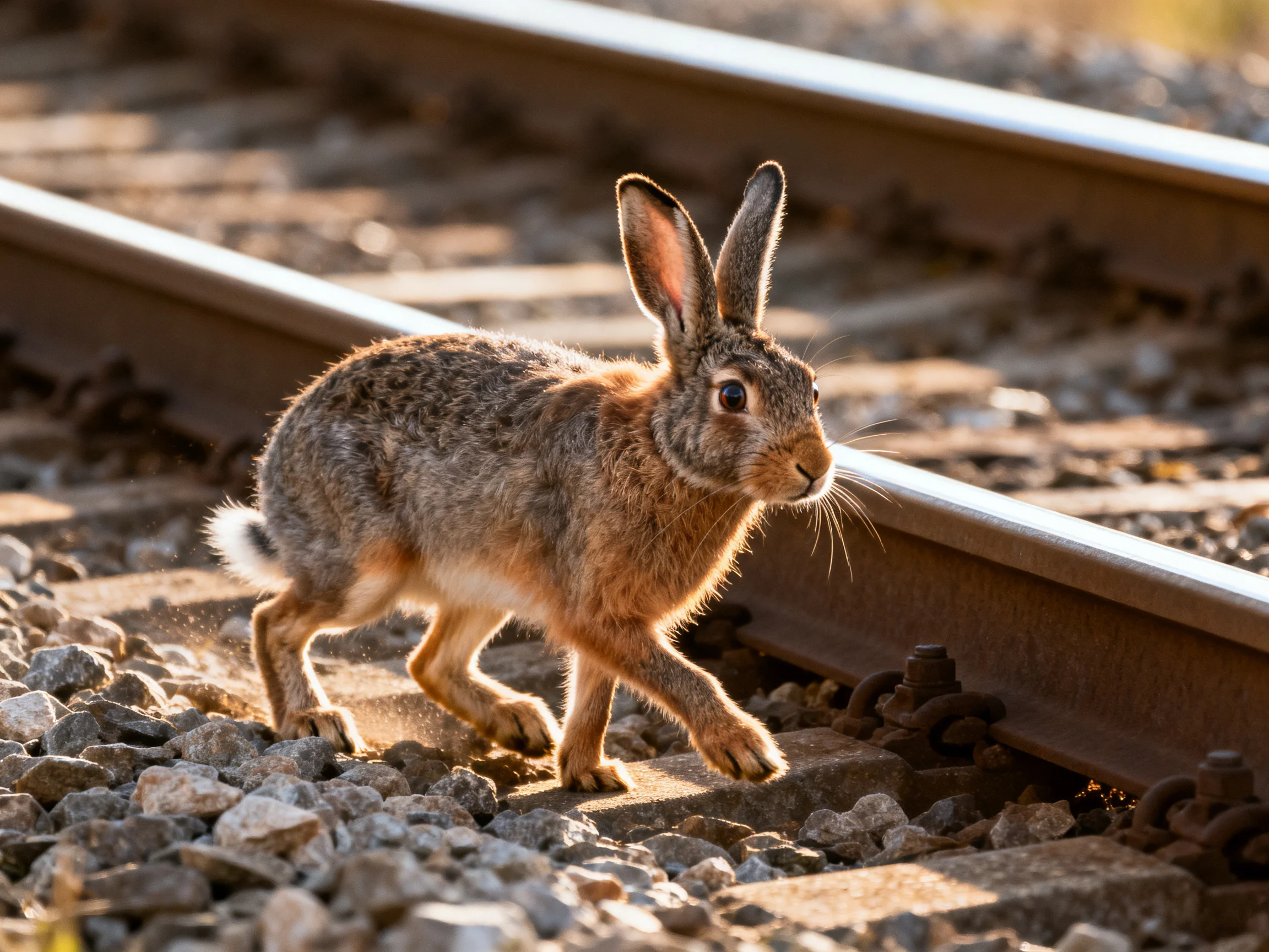 A brown hare moves along railroad tracks with gravel nearby