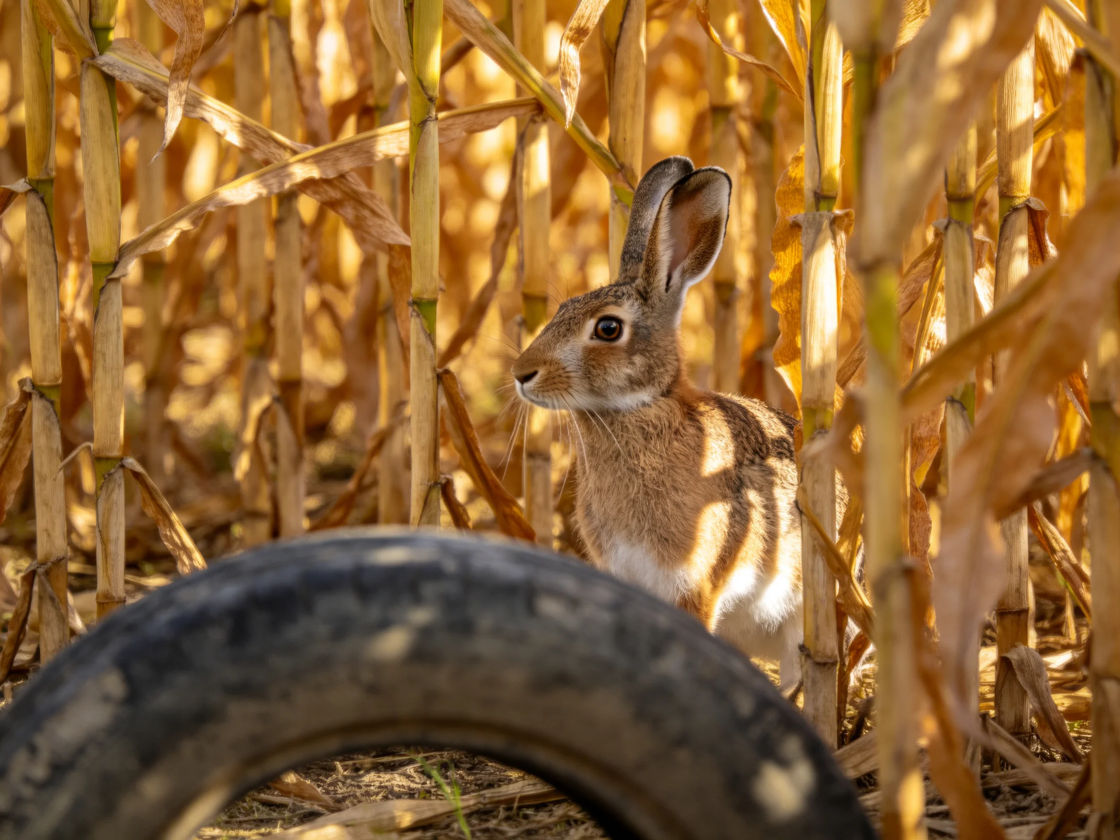 A brown hare is among golden corn stalks near an old tire.