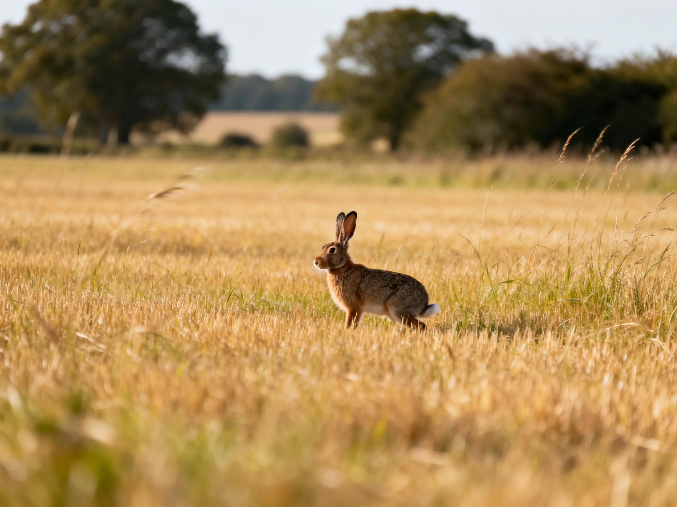 A brown hare in a golden wheat field with green trees