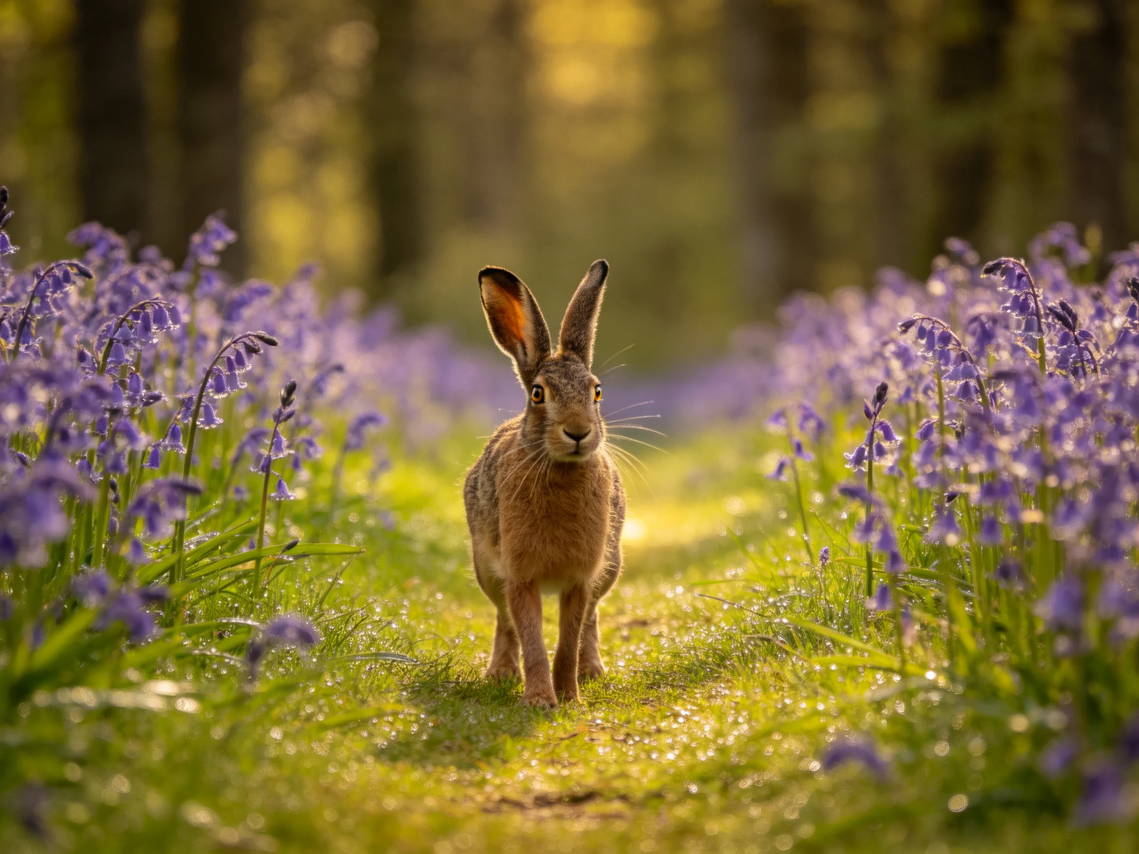 A brown hare stands on a sunlit forest path bordered by bluebells.