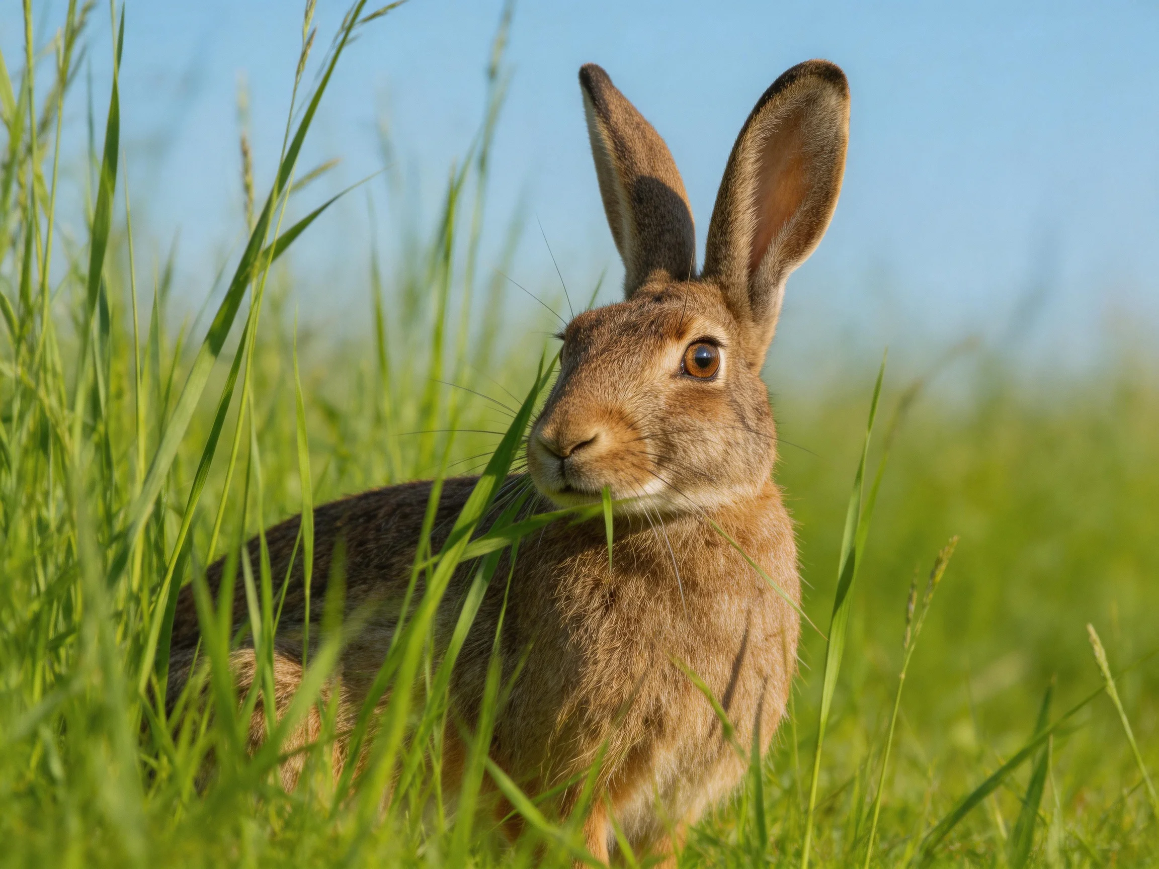 A brown hare sits amid tall green grass in a sunlit field.