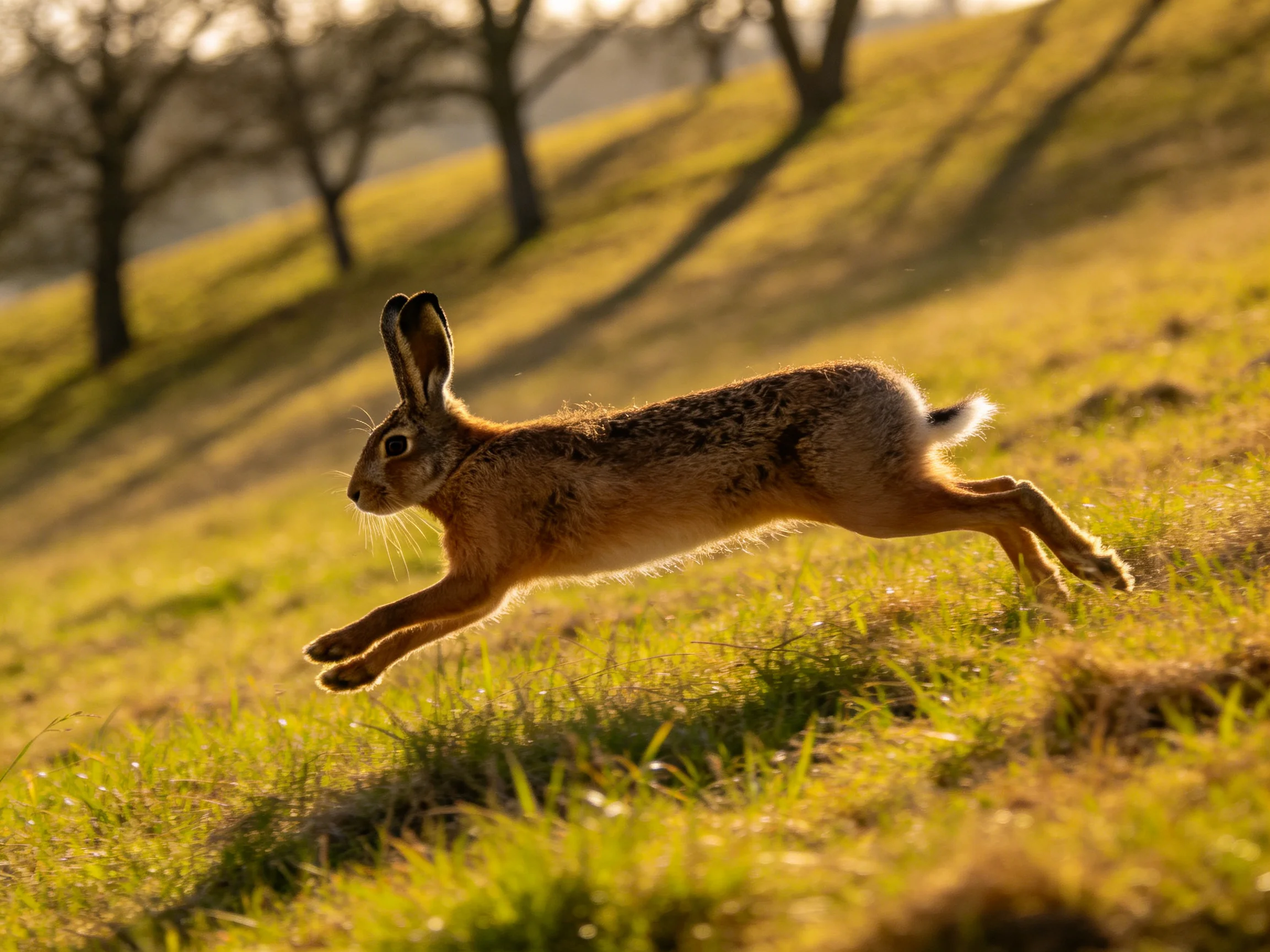 A brown hare jumps across sunlit grass with bare trees in the distance.