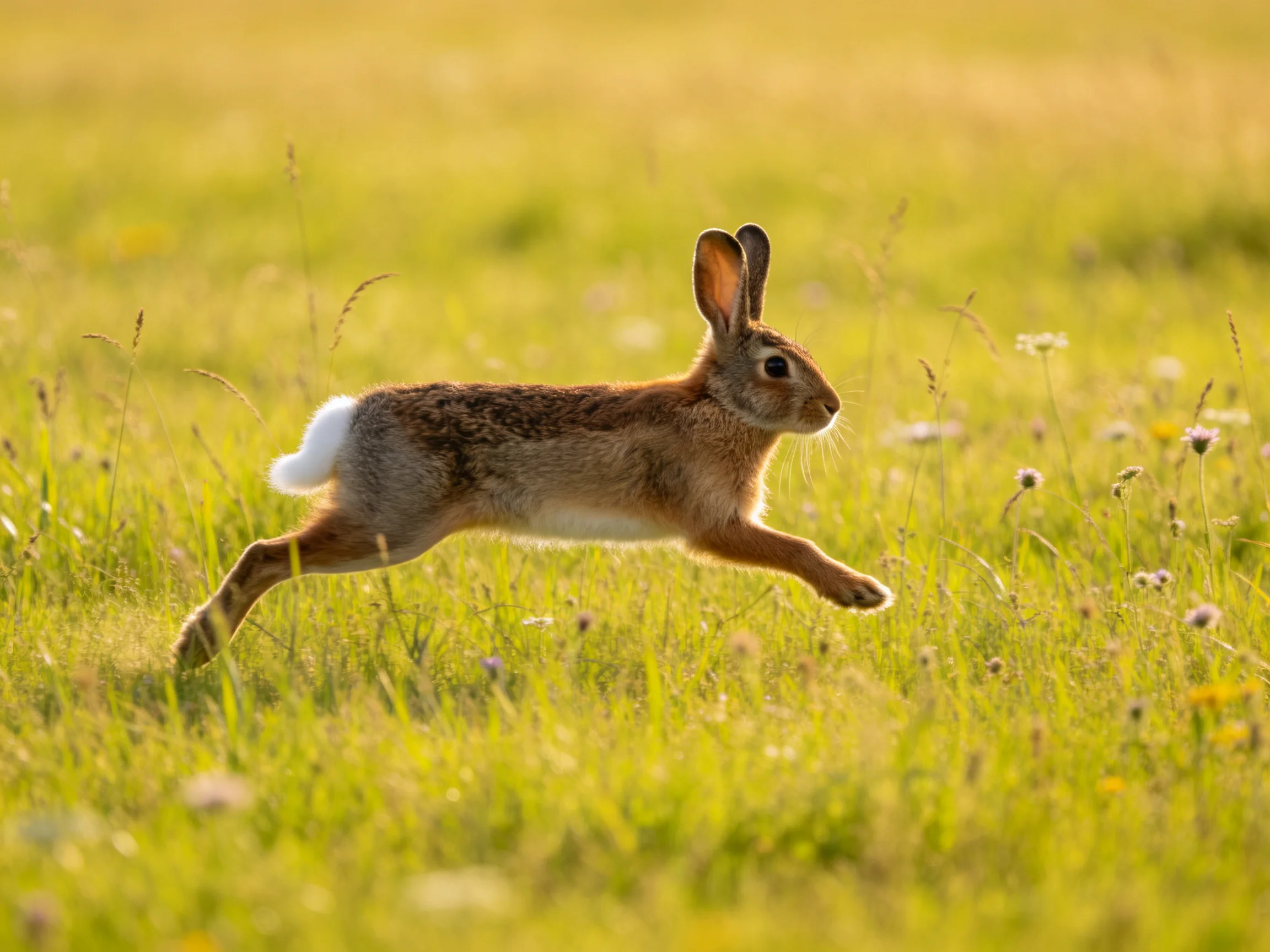 A brown hare leaps through a sunlit green meadow