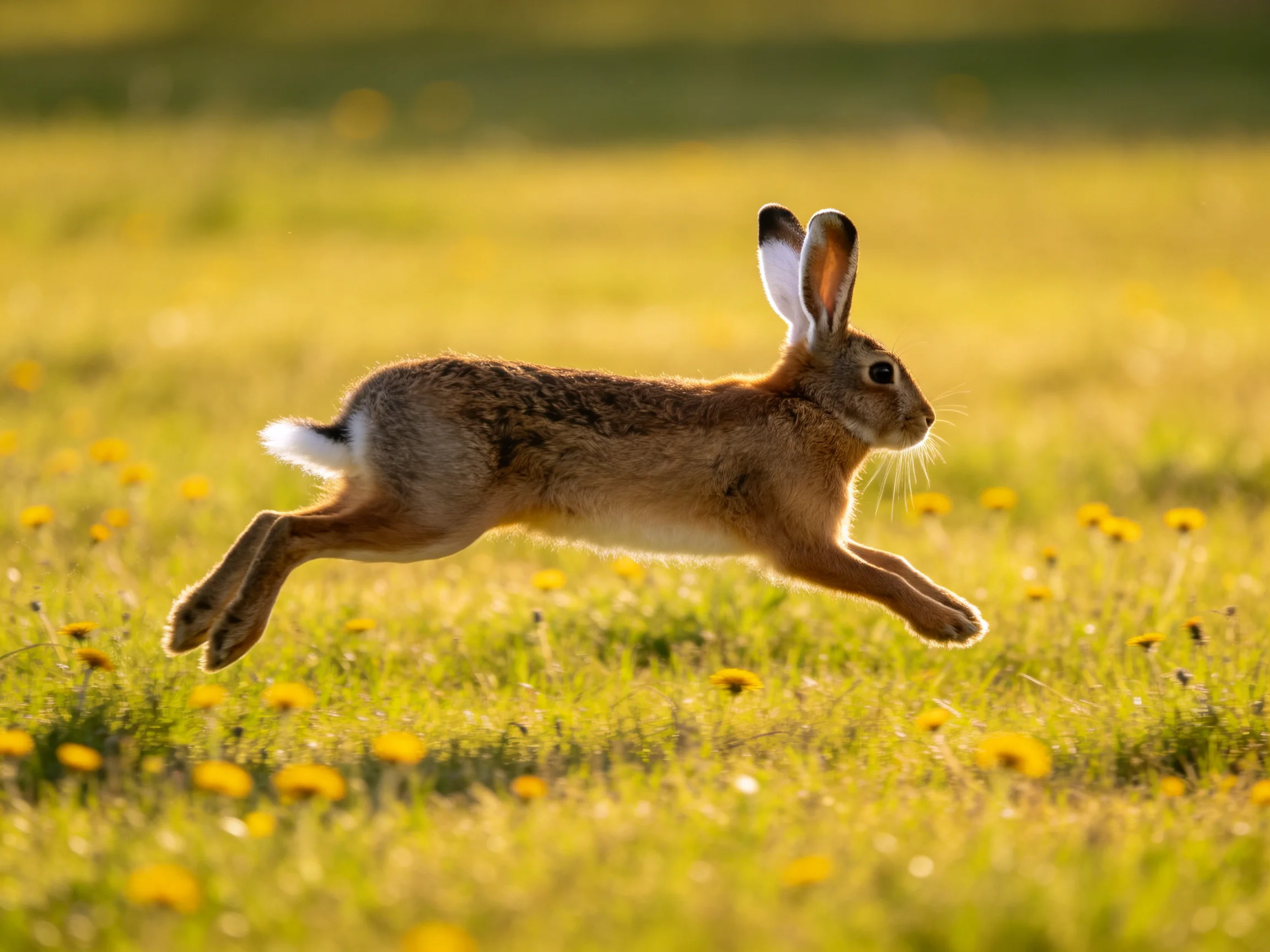 A brown hare bounds across a sunlit meadow dotted with yellow wildflowers