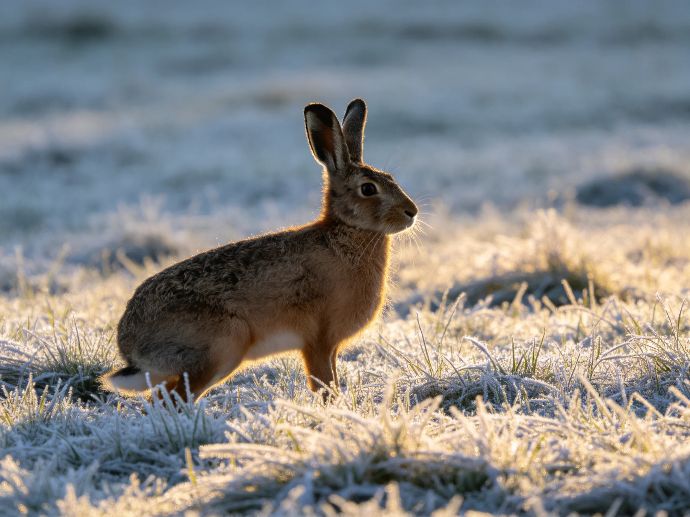 A brown hare on frost-laden grass bathed in golden sunlight