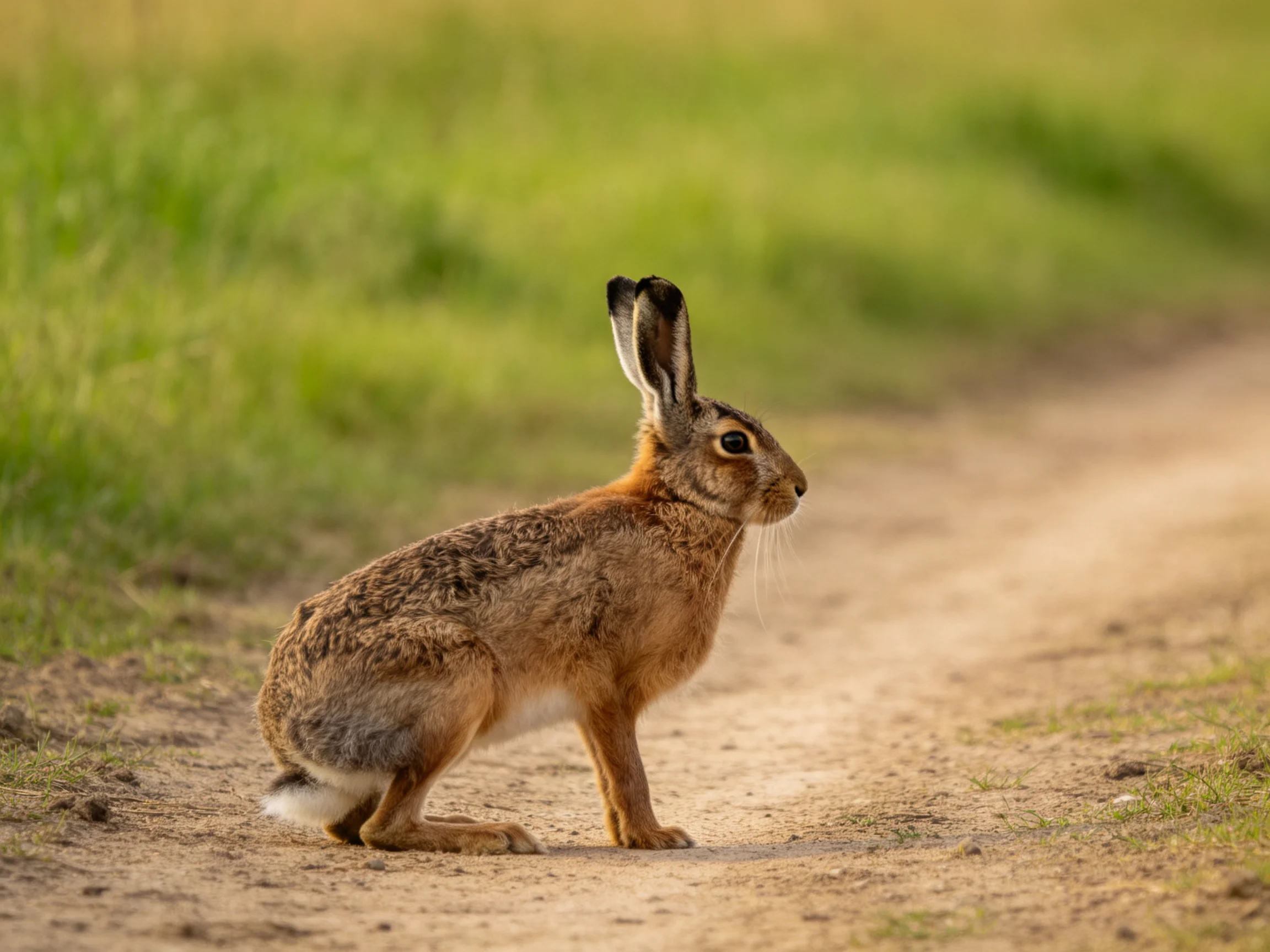 A brown hare pauses on a dusty path beside vibrant green grass