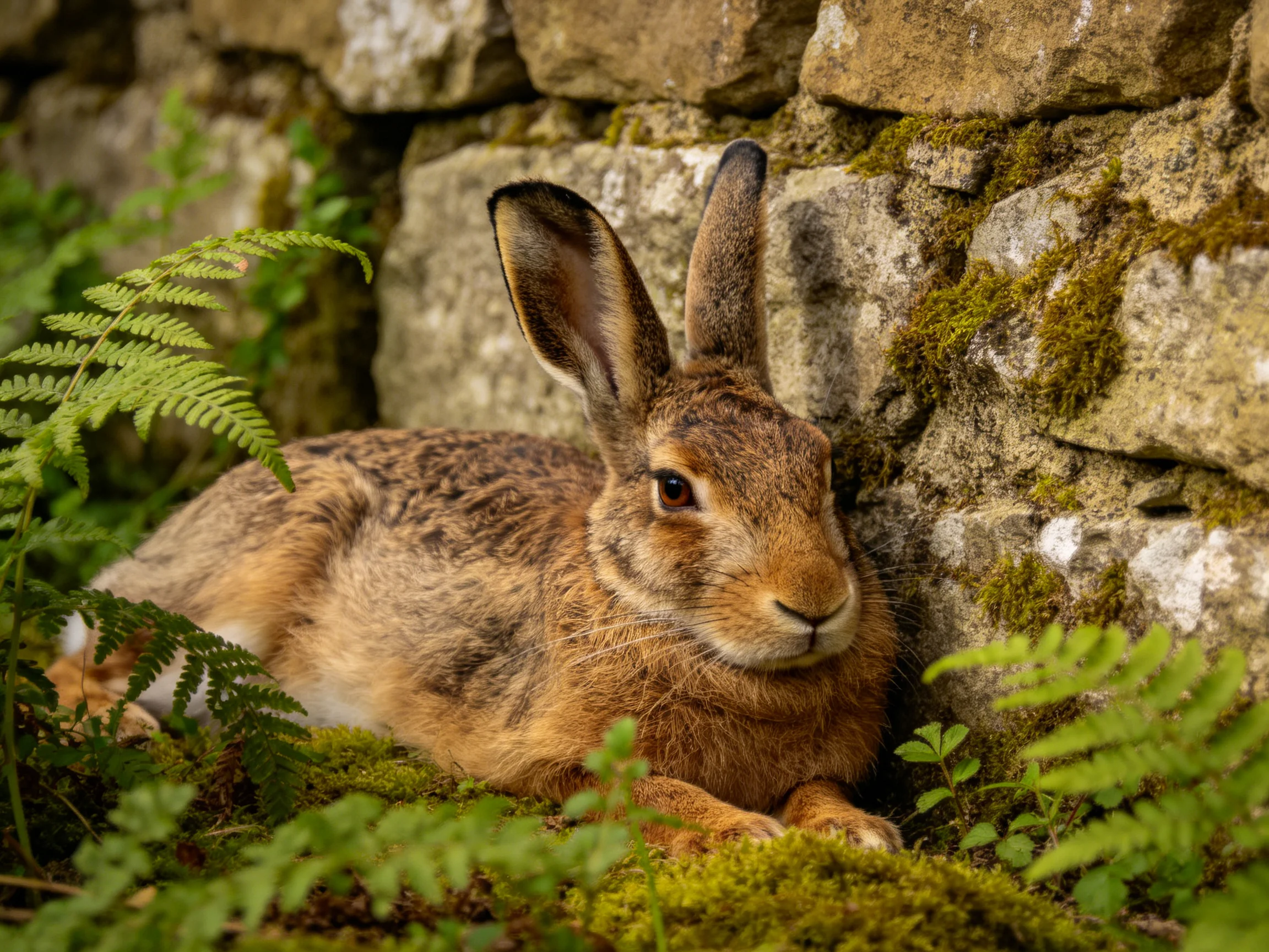 A brown hare rests near a moss-covered stone wall