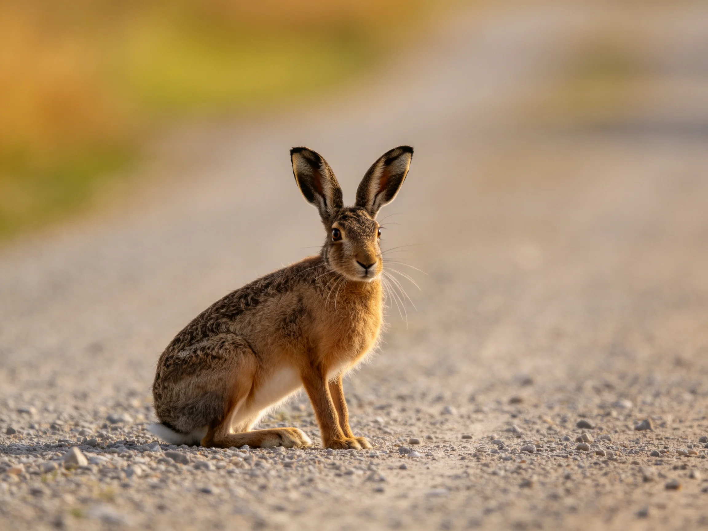 A brown hare sits alertly on a gravel road with blurred natural surroundings.