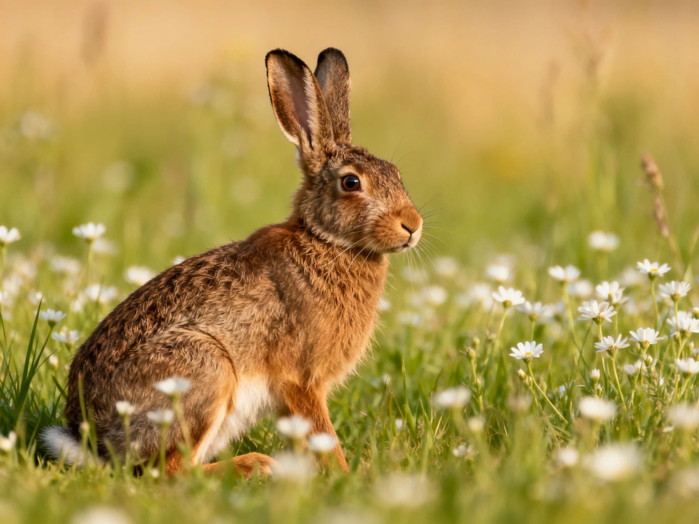 A brown hare rests amid white wildflowers in a sun-drenched meadow.
