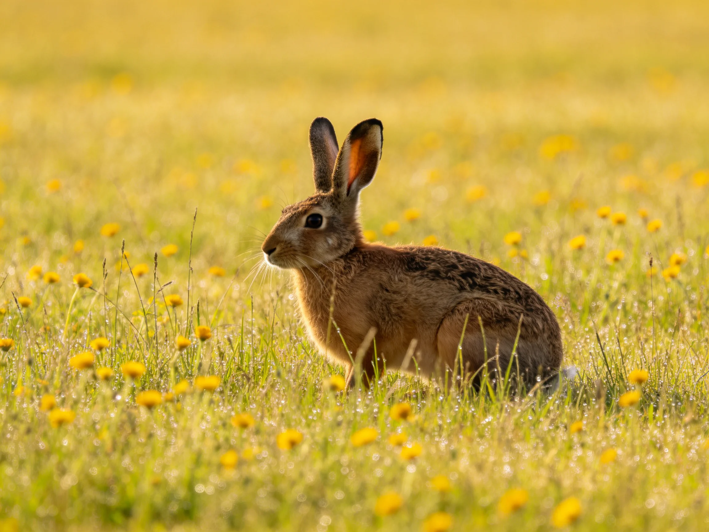 A brown hare rests among yellow wildflowers in a sunlit meadow.