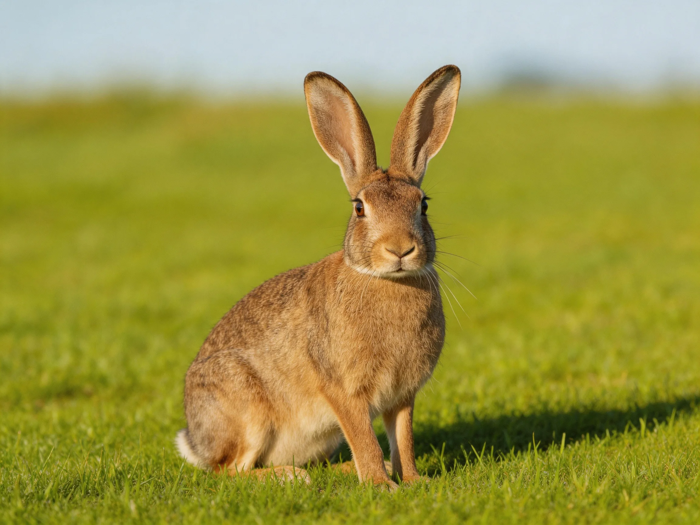 A brown hare sits attentively in a lush green meadow