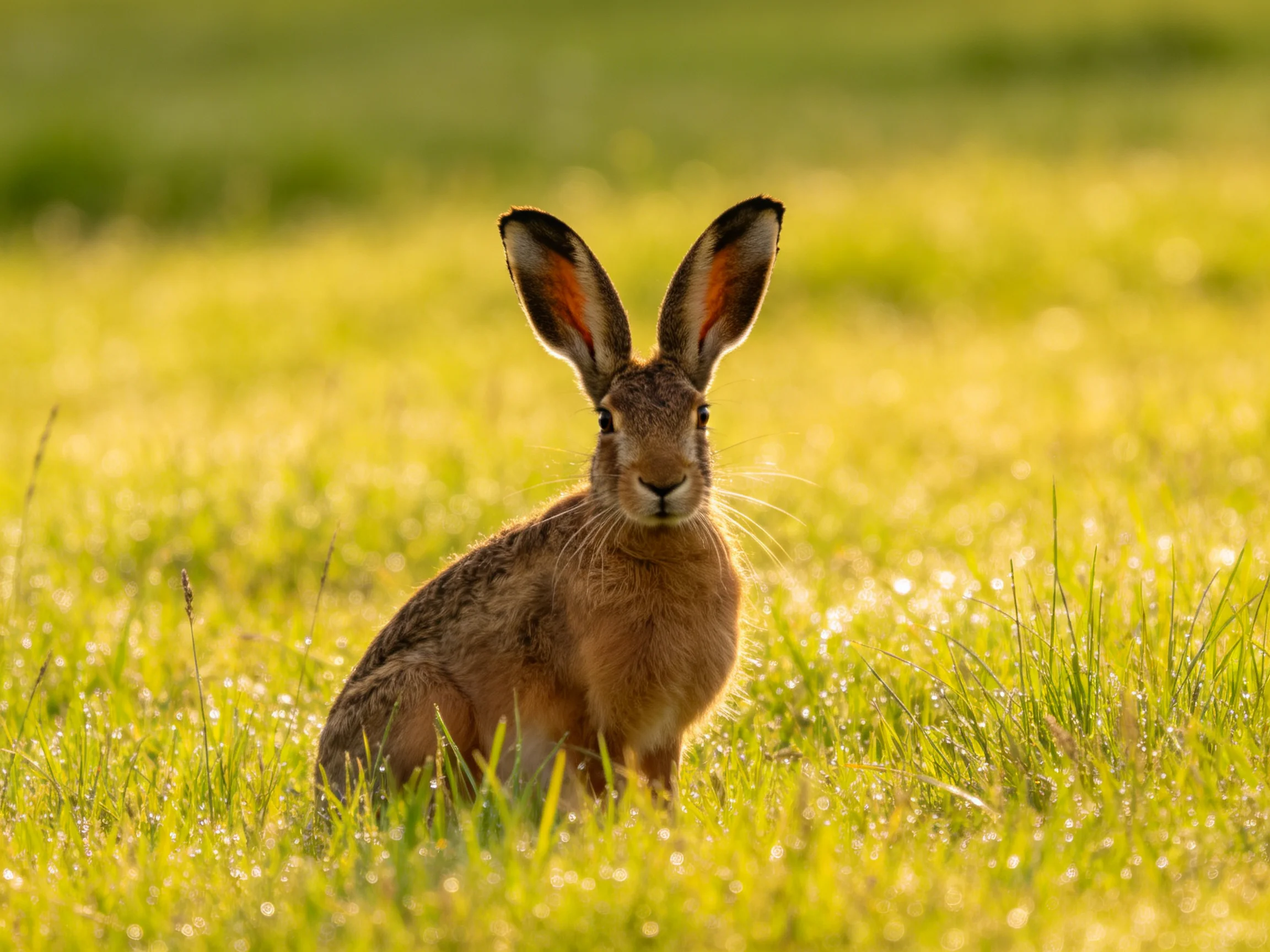 A brown hare sits calmly amid tall green grass.