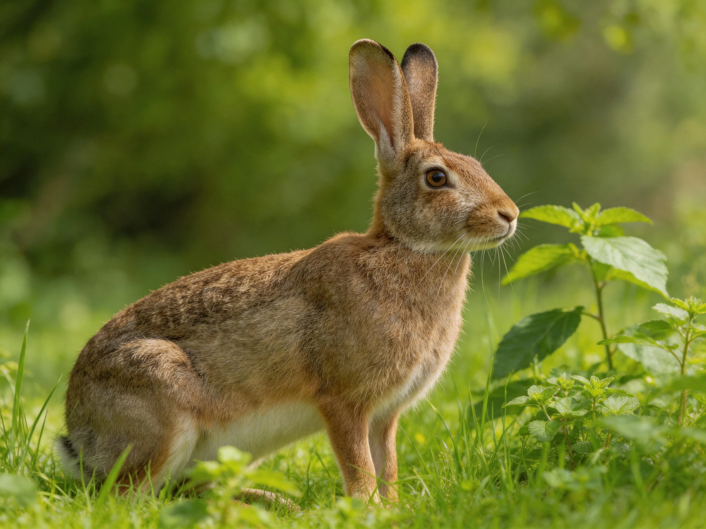 A brown hare sits among grass and plants in a sunlit meadow.