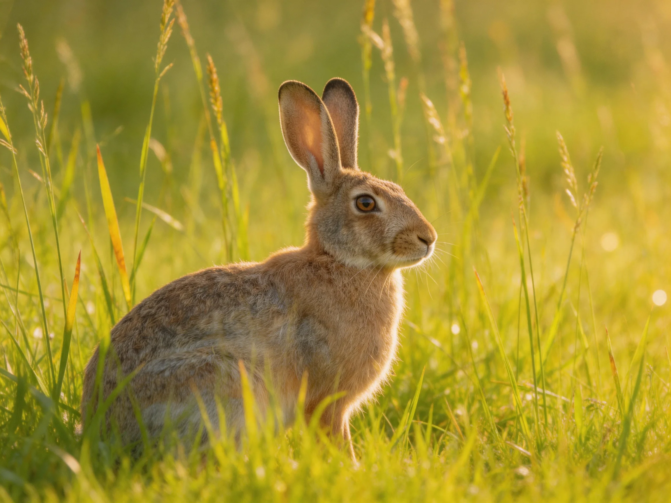 A brown hare sits in tall green-yellow grasses under golden sunlight