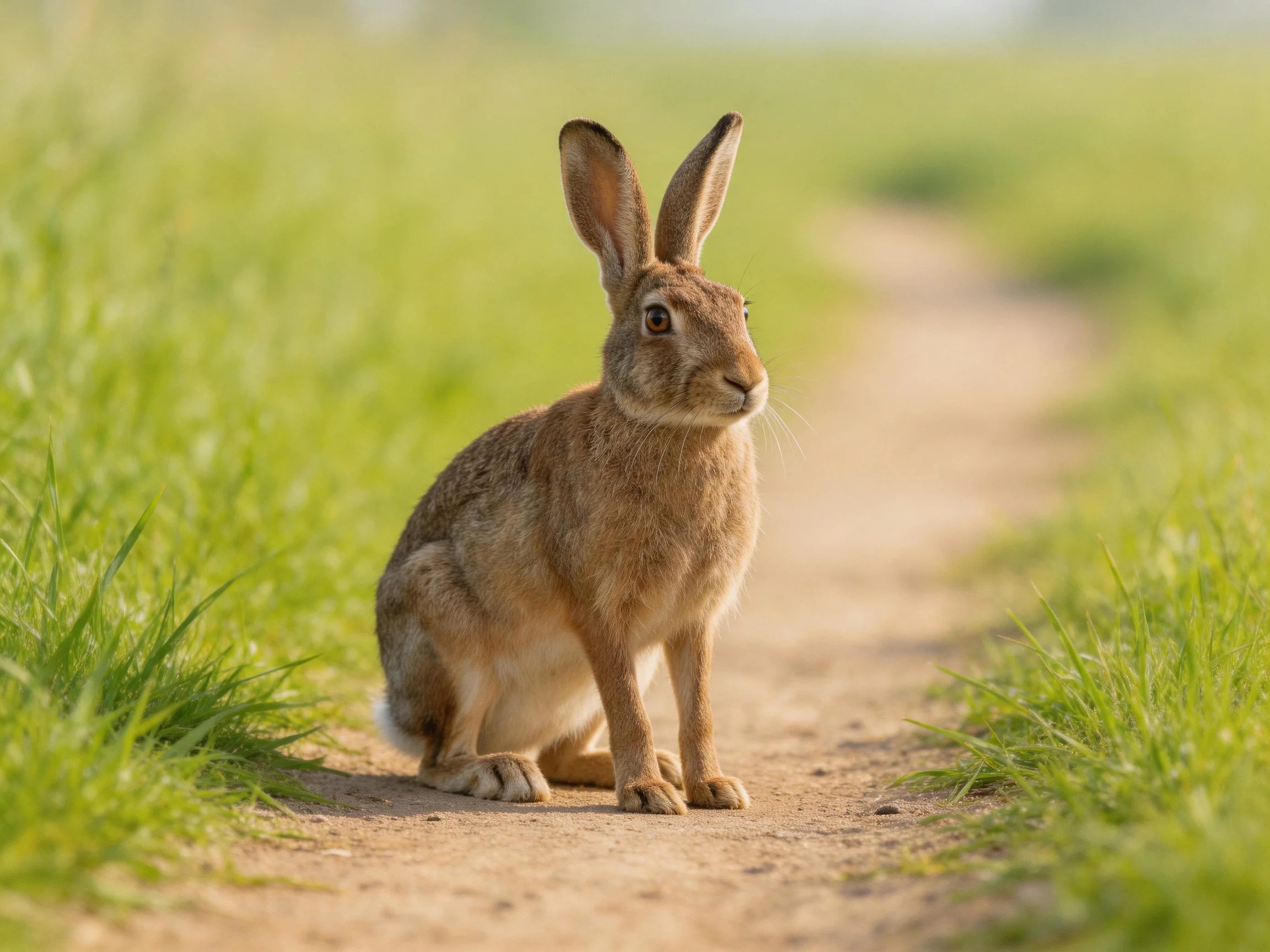 A brown hare sits on a dirt path with lush green grass