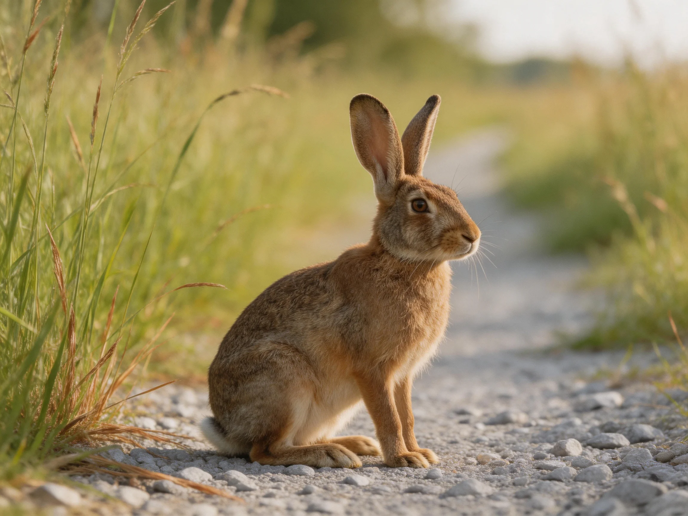 A brown hare sits on a gravel path surrounded by tall green grass