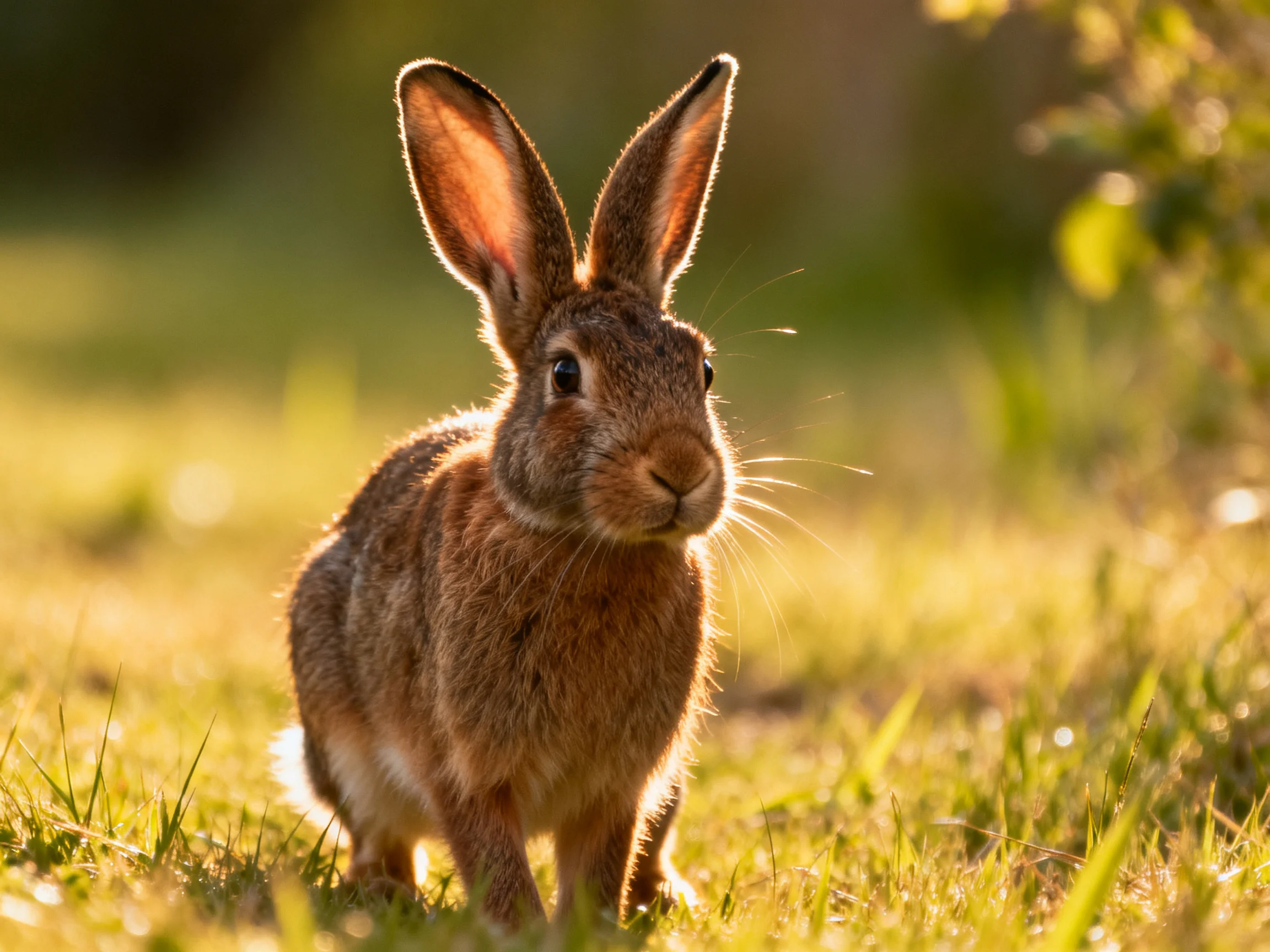A brown hare sits attentively in a sunlit grassy area.