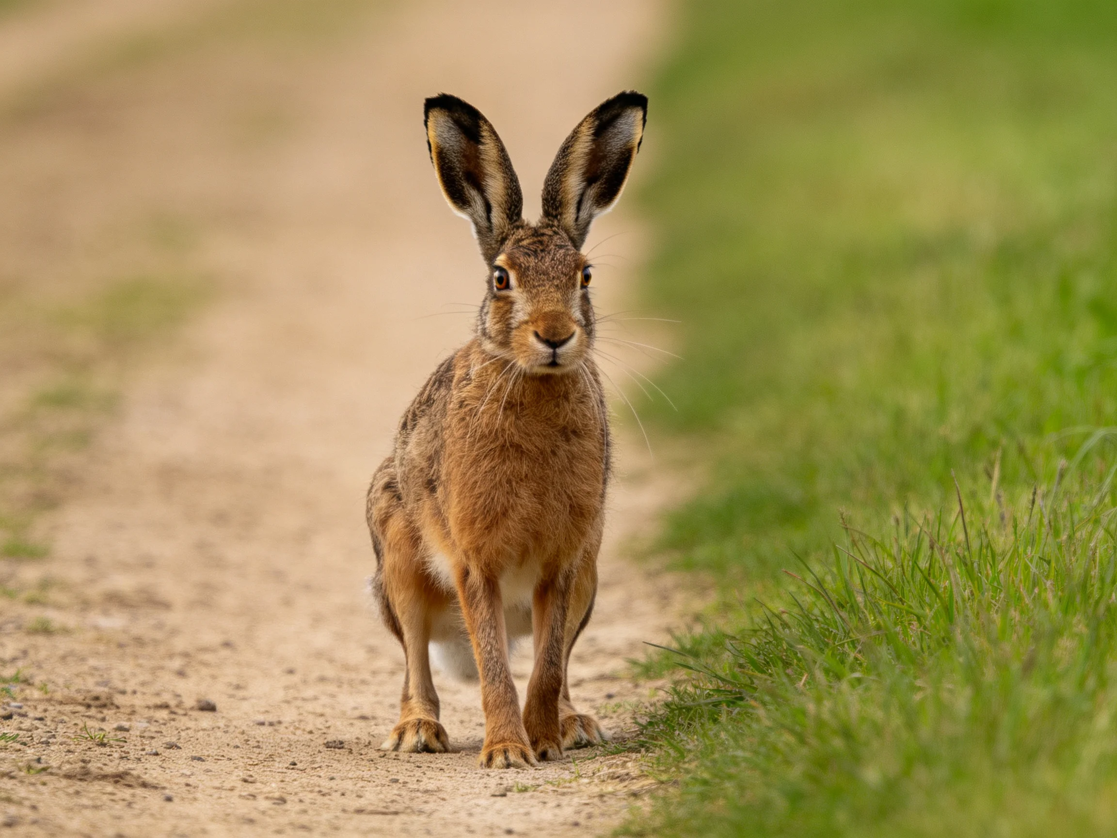 A brown hare stands alert on a dirt path beside lush green grass