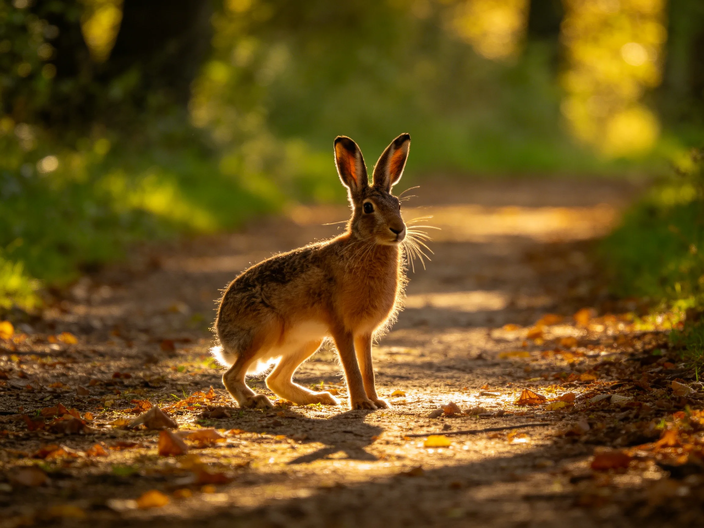 A brown hare pauses on a sunlit forest path surrounded by autumn leaves.