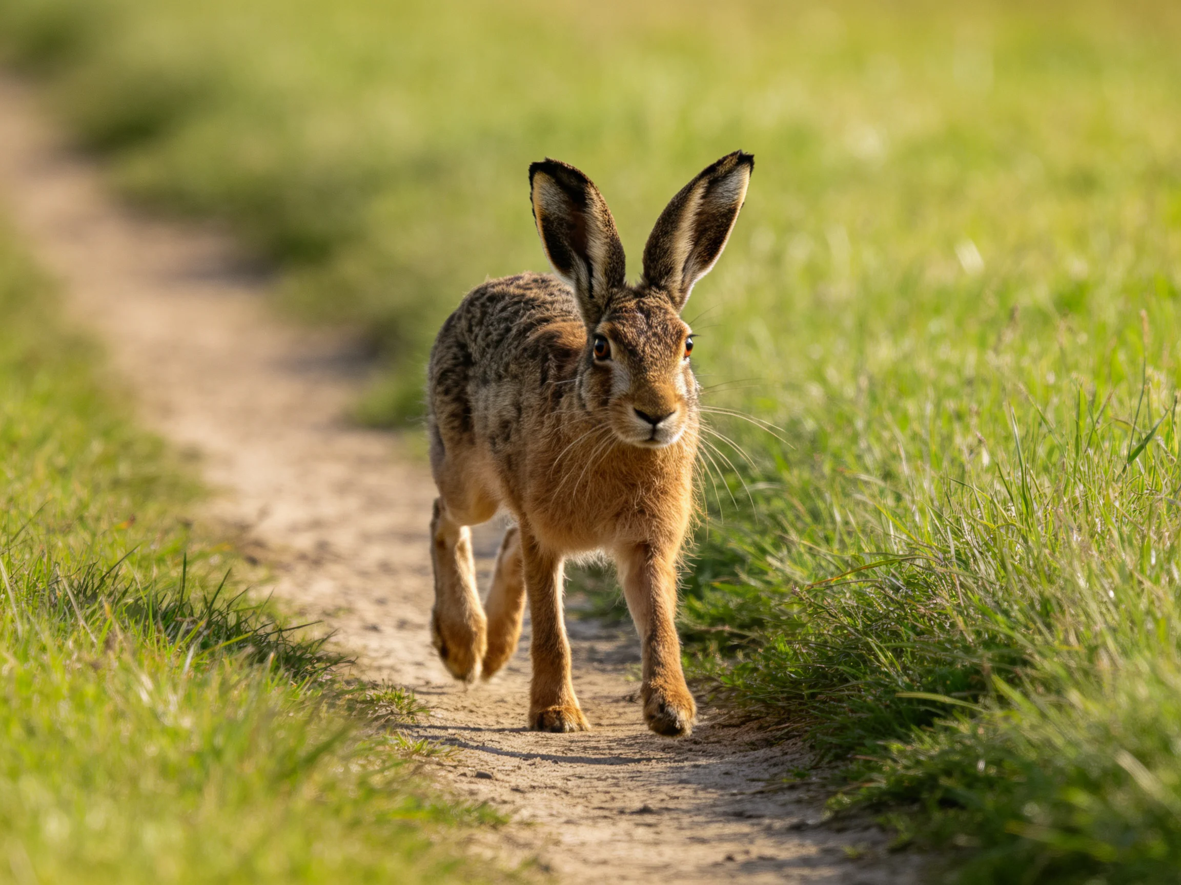 A brown hare moves along a sunlit dirt path in a grassy area.