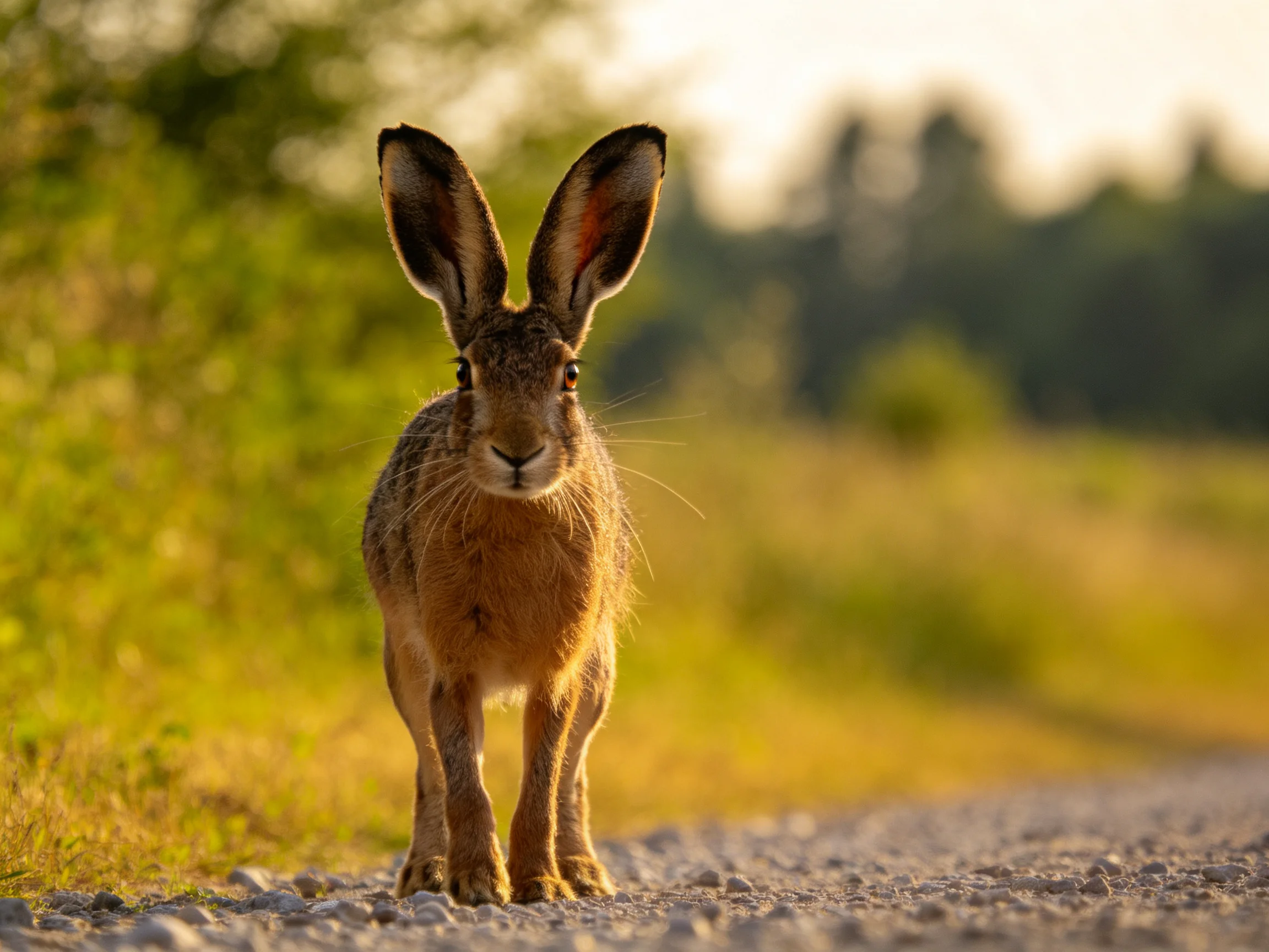 A brown hare with large ears stands on a gravel path in a sunlit field