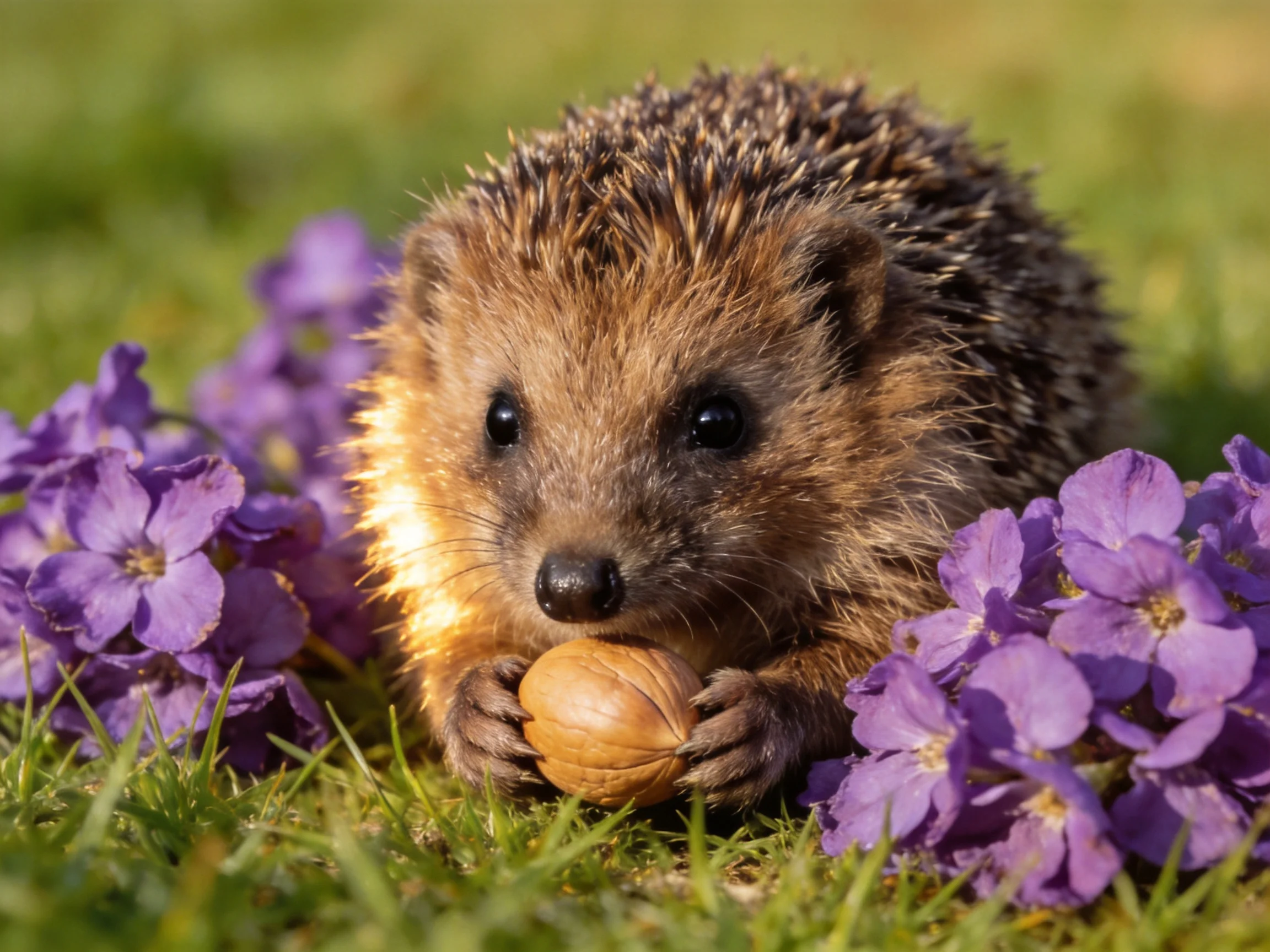 A brown hedgehog holds a nut amid vibrant purple flowers