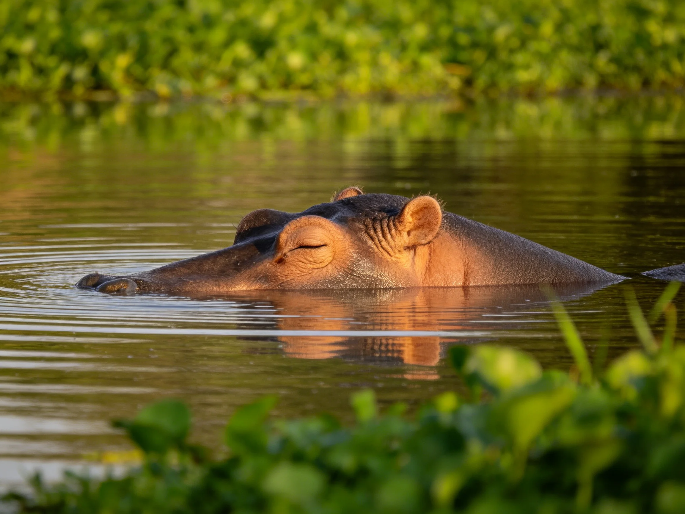 A brown hippopotamus partially submerged in calm water near lush green vegetation