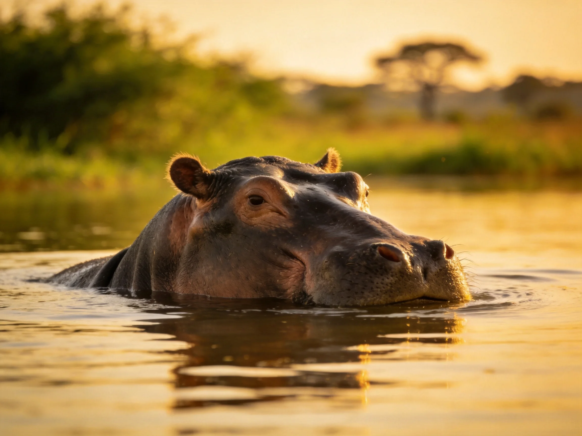 A hippopotamus rests in water during a golden-hour sunset.