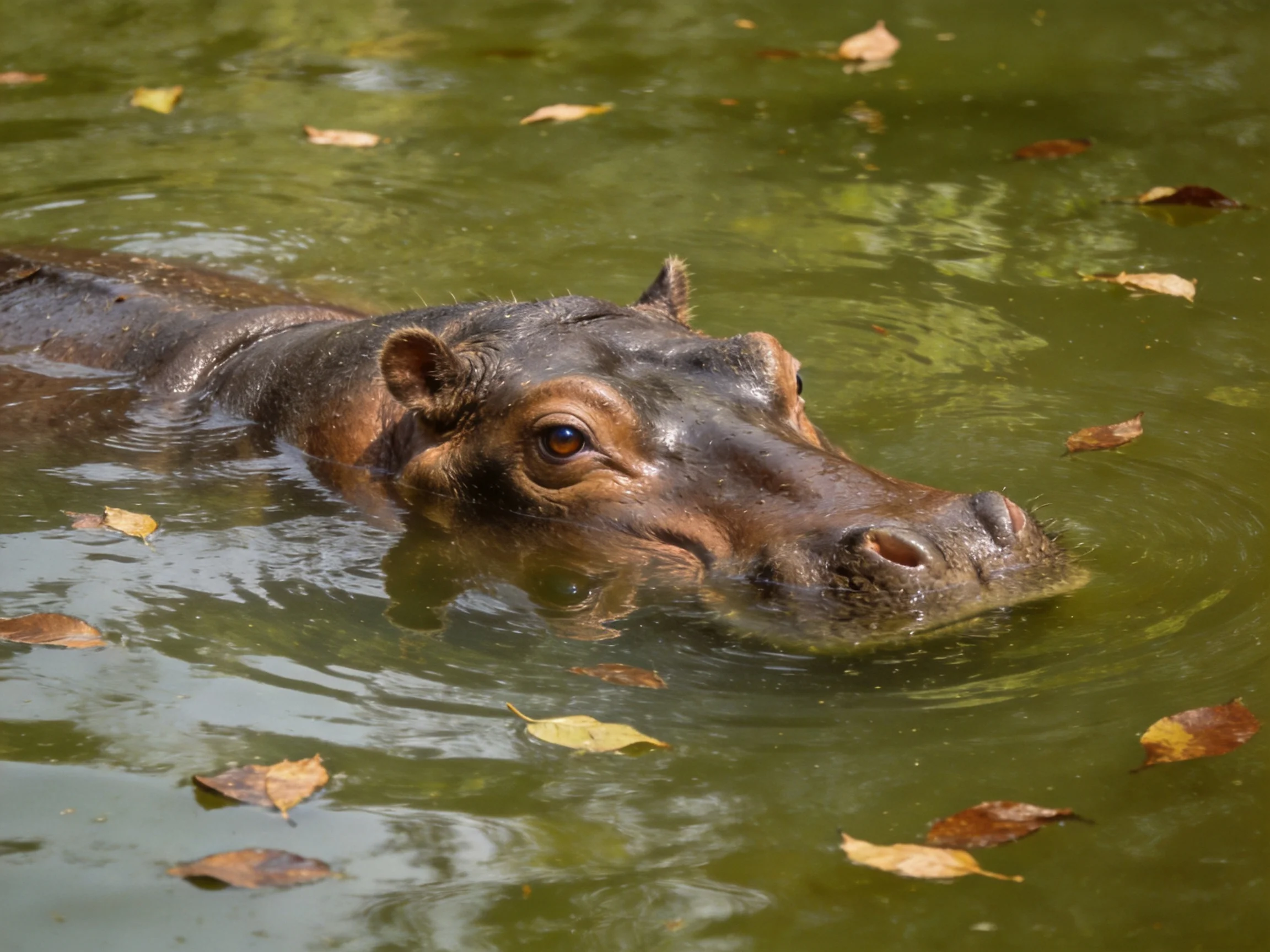 A brown hippopotamus partially submerged in murky green water with scattered autumn leaves