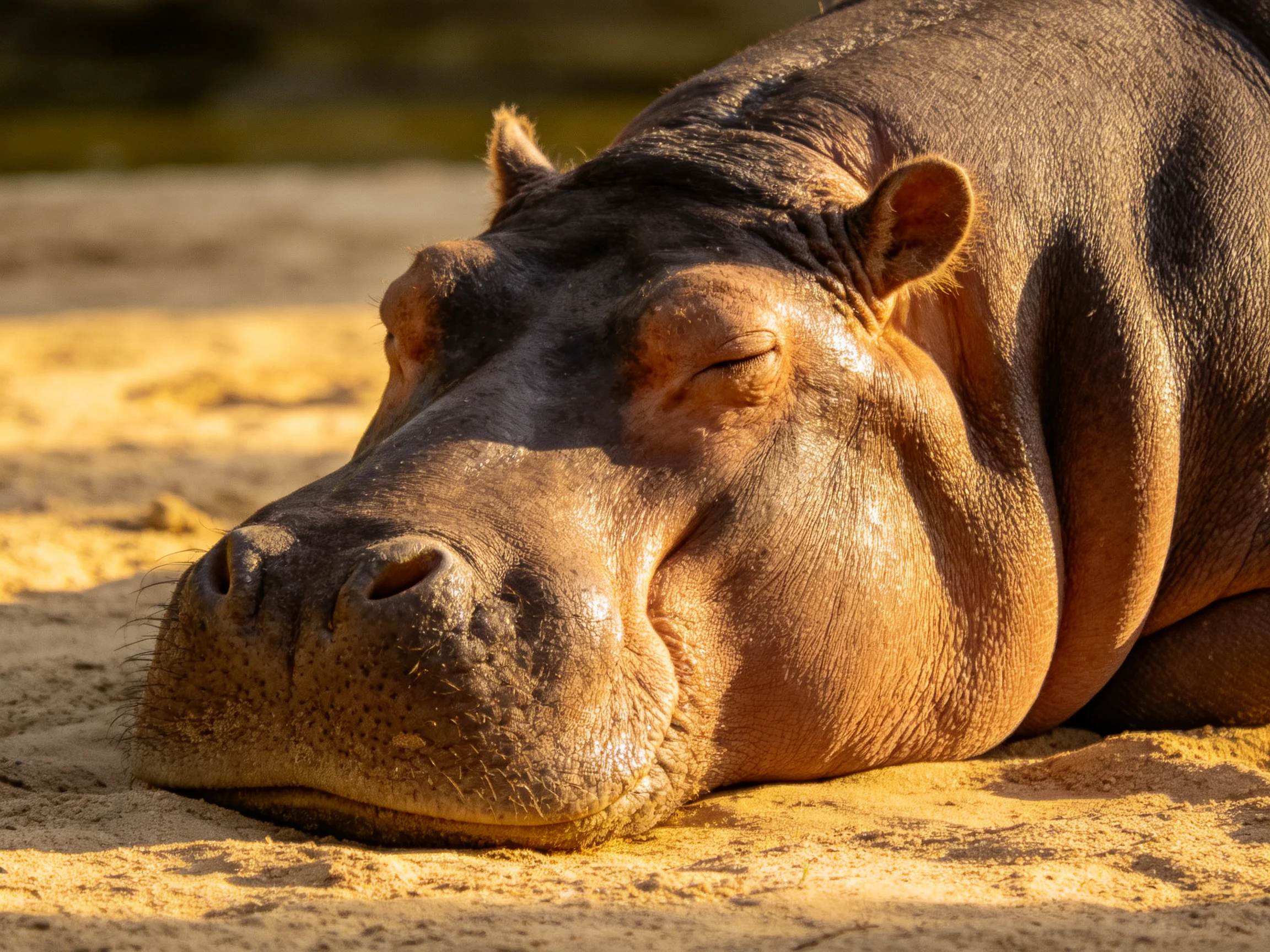 A brown hippopotamus rests peacefully on golden sand near water
