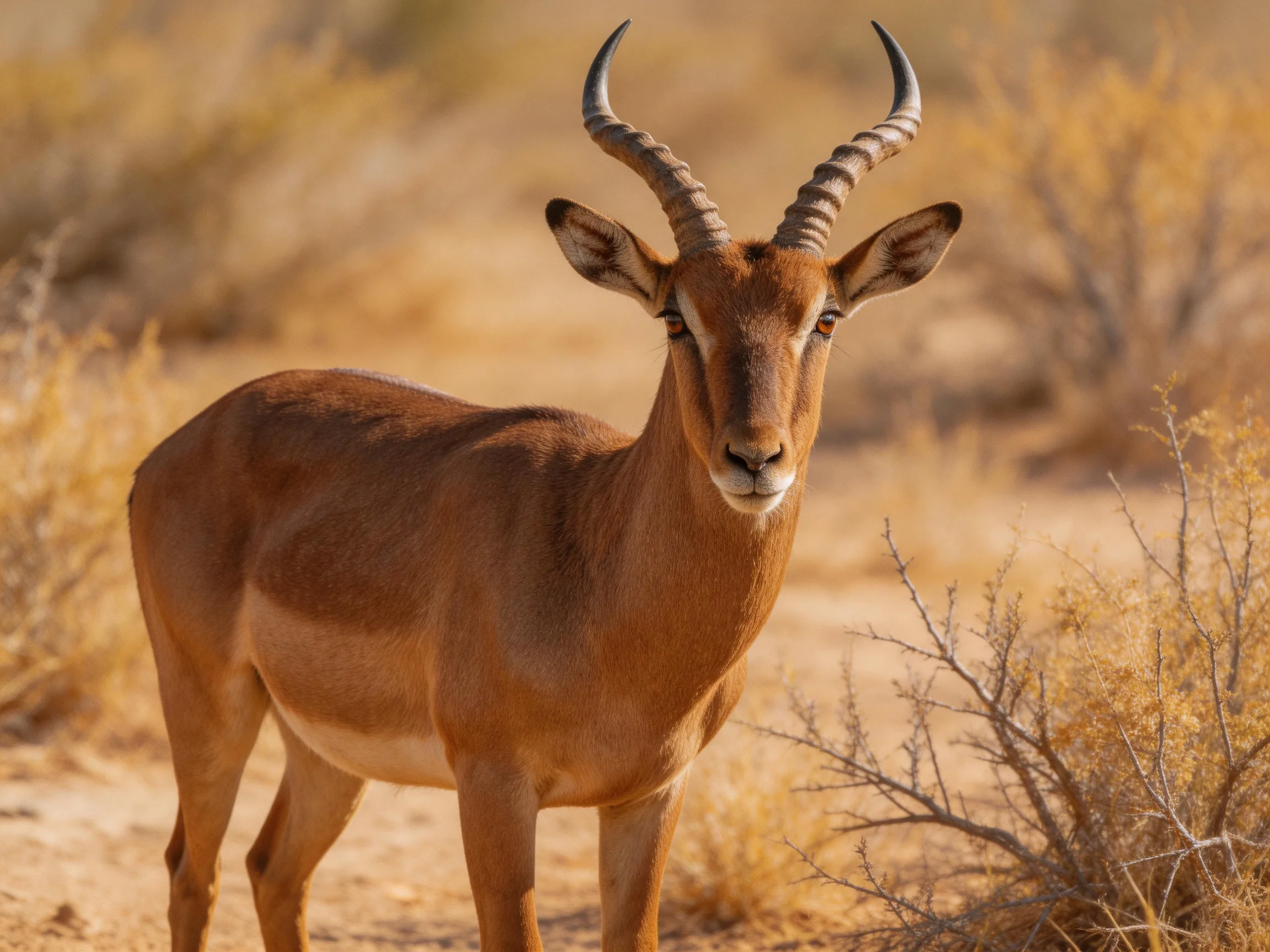 A brown-horned antelope in a dry, golden landscape