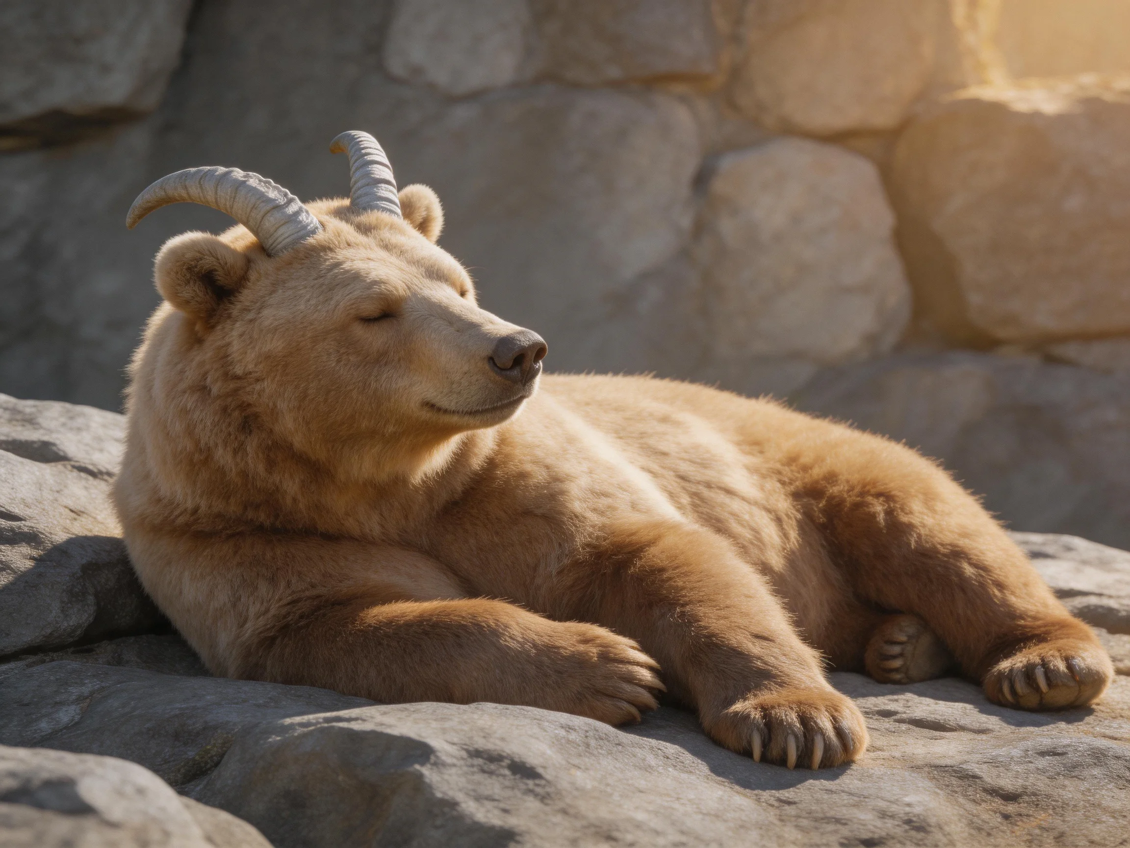 A brown horned bear relaxes on large gray rocks by a stone wall.