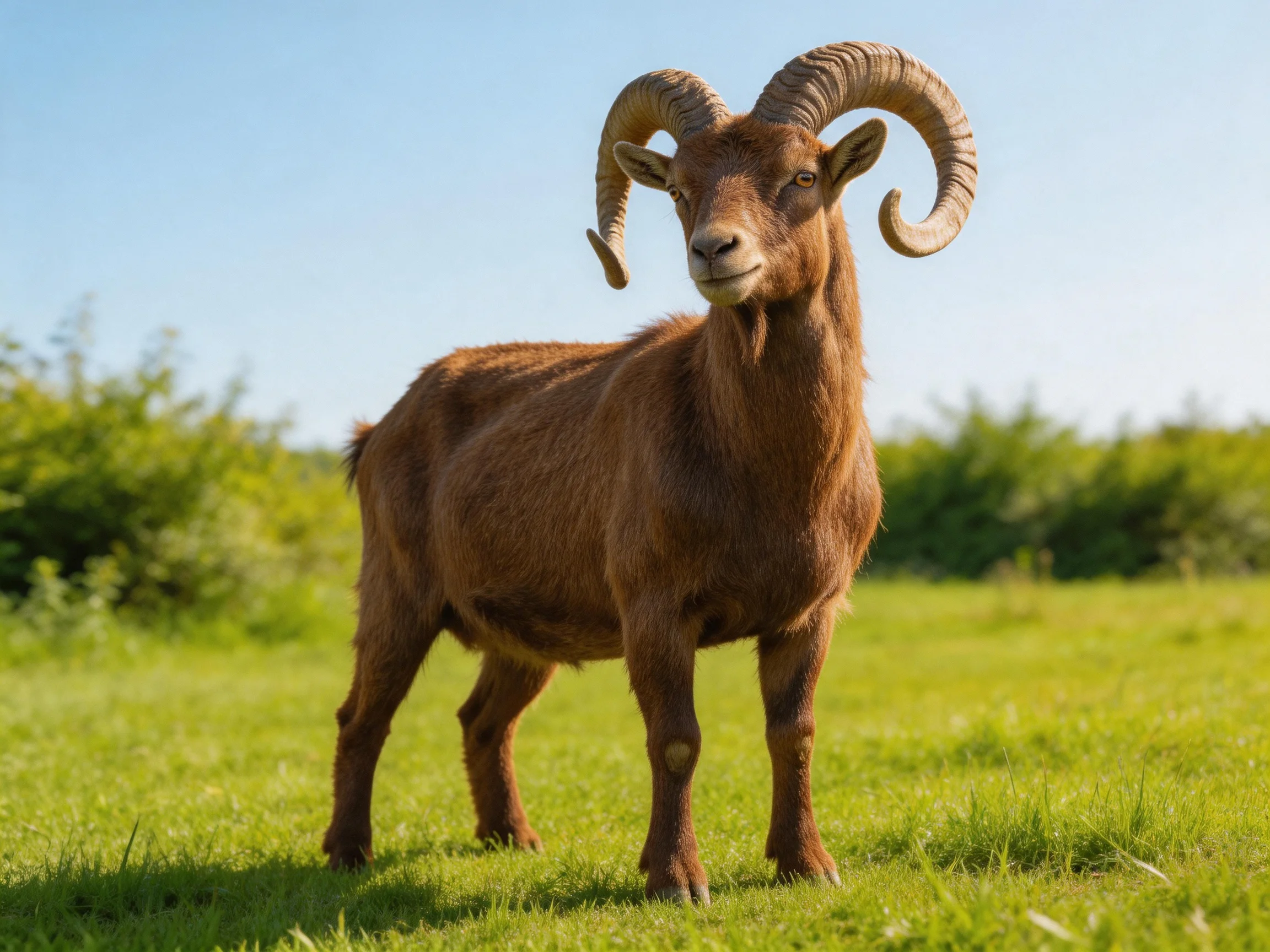 A brown horned goat stands in a sunlit green meadow.