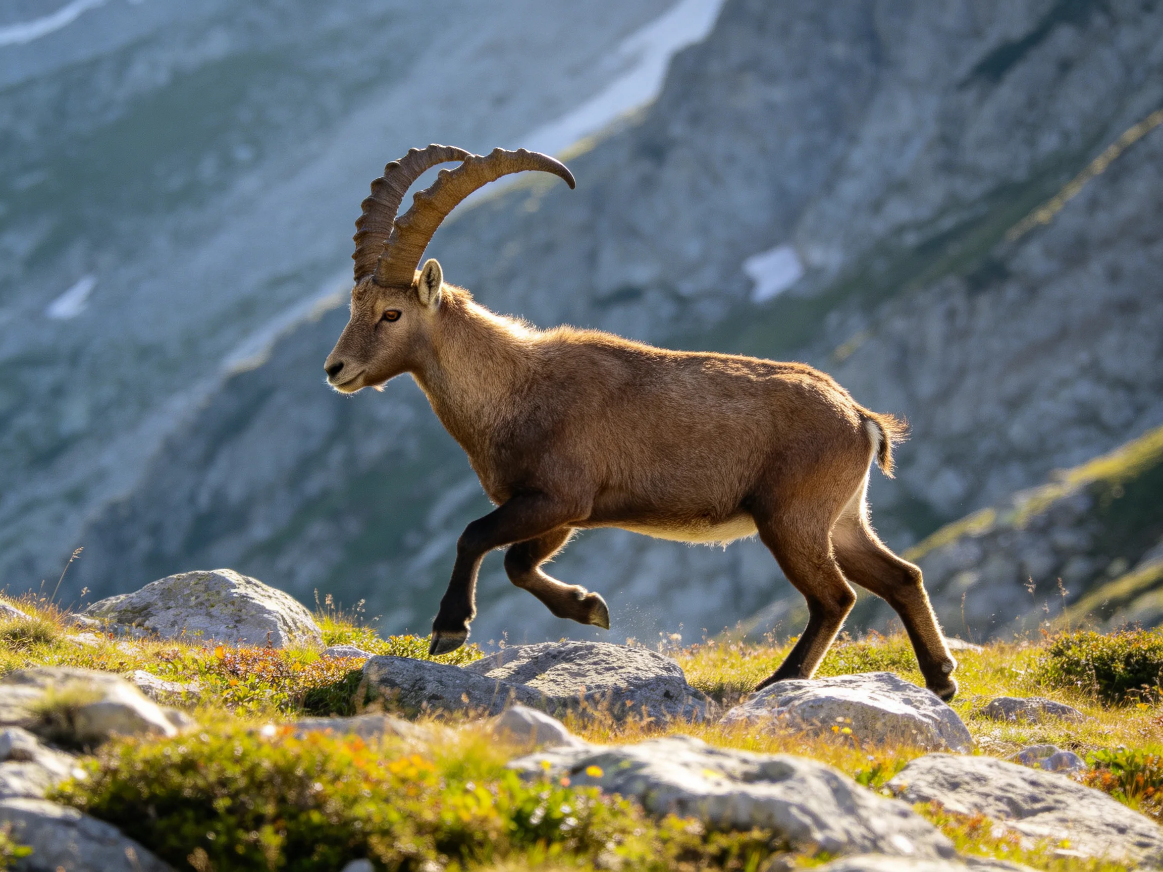 A brown-horned goat navigates rocky mountain slopes with towering cliffs