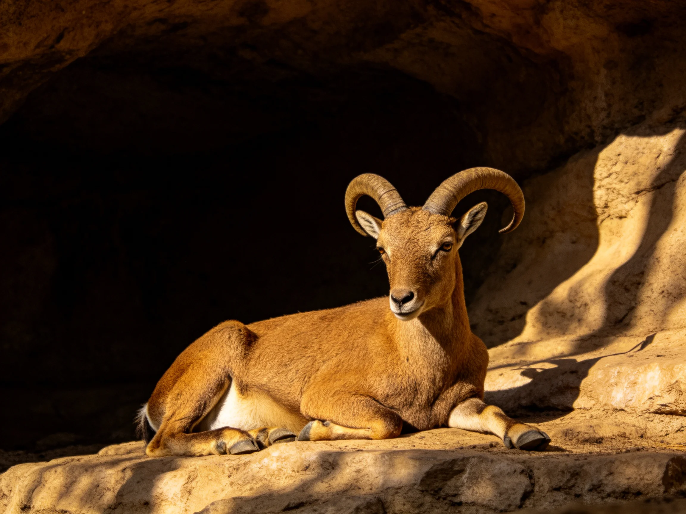 A brown-horned goat rests near a rocky cave entrance