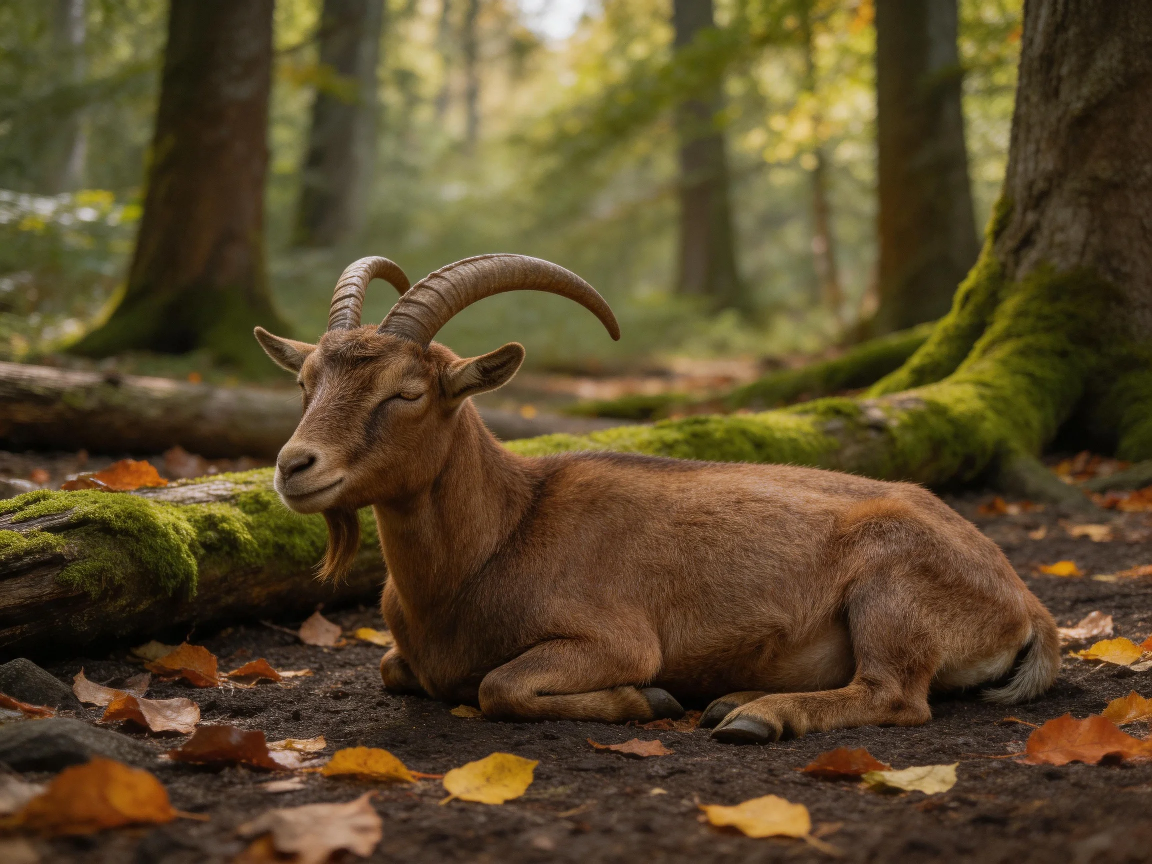 A brown horned goat relaxes among fallen leaves and moss - covered logs in a sunlit forest.